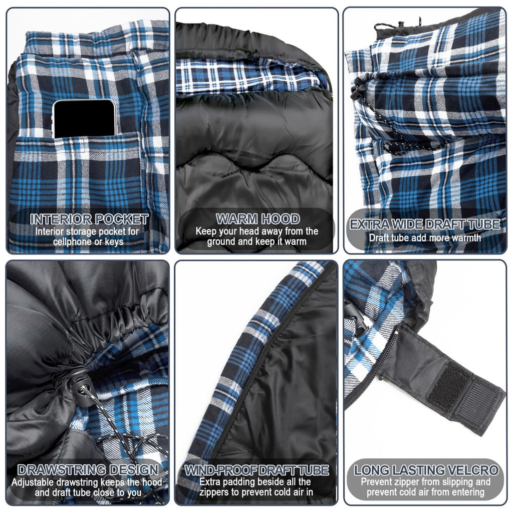Forinbuy Winter Cotton Flannel Double Sleeping Bag,Queen Size Sleeping Bag For Adults, Cold Weather Waterproof 2 Person Sleeping