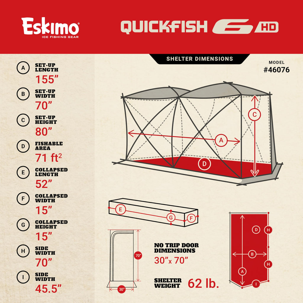 Eskimo QuickFish 6HD, Pop-Up Portable Shelter, No-Trip Door, Red/Black, Fully Insulated, Deluxe Ice Anchors, Six Person, Ice Fis