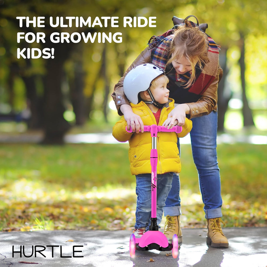 Hurtle Mini Kickboard Scooter for Kids - Height Adjustable 25-28, Lightweight 3-Wheel with LED Light-up Wheels, Anti-Slip,In