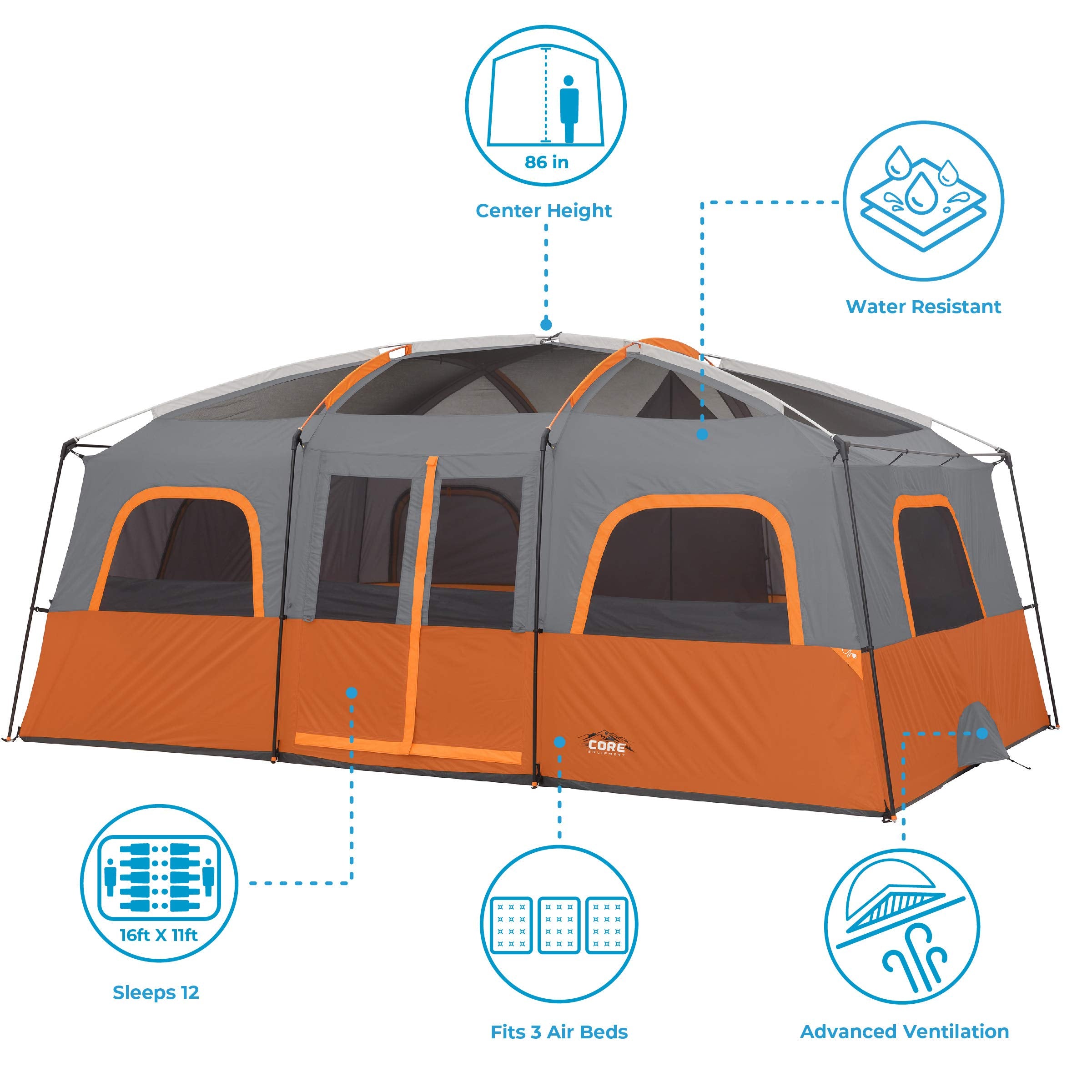 Core 12 Person Tent  Large Multi Room Camping Tent For Outdoor Family Camping  Portable Cabin Stand Up Tent With Storage Pockets
