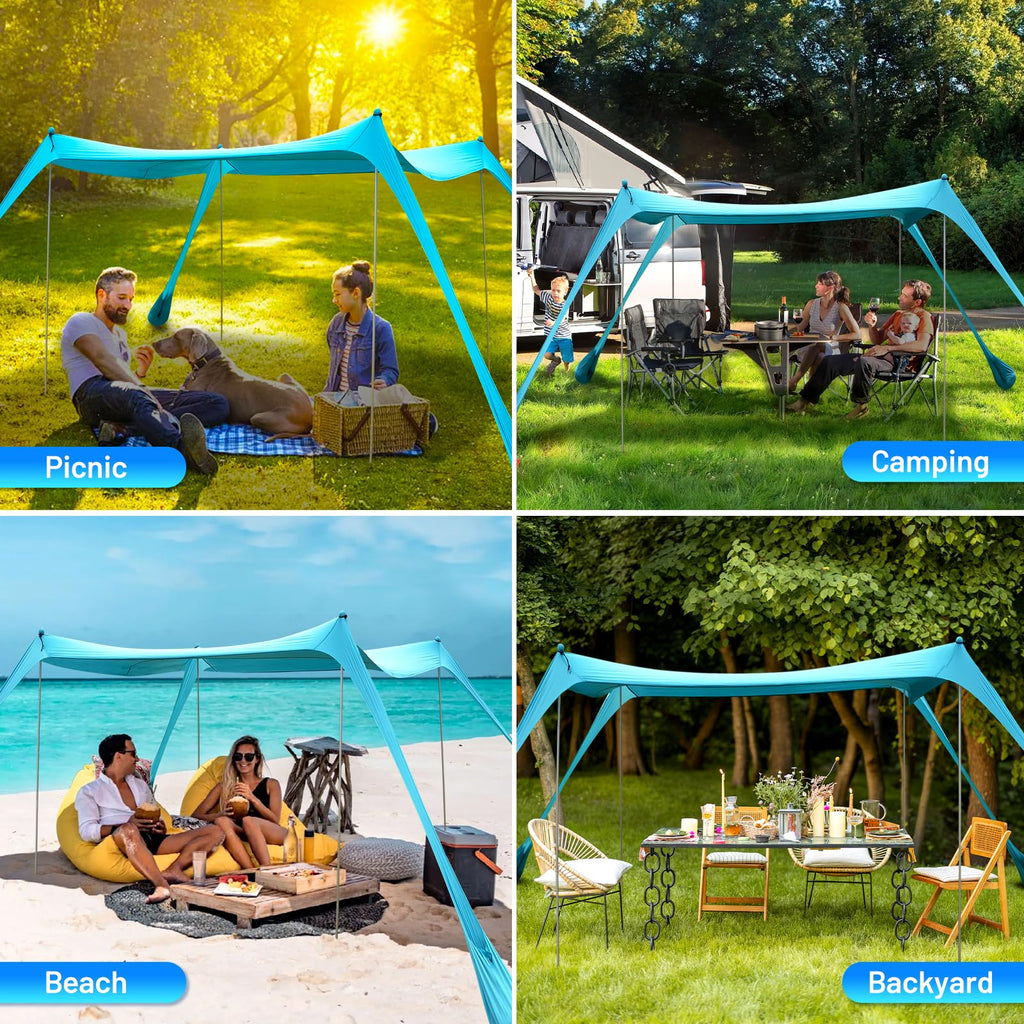 Botindo Family Beach Tent Canopy Sun Shade, Pop Up Grande Beach Tent Sun Shelter Stability 4 Poles With Portable Carry Bag Outdo