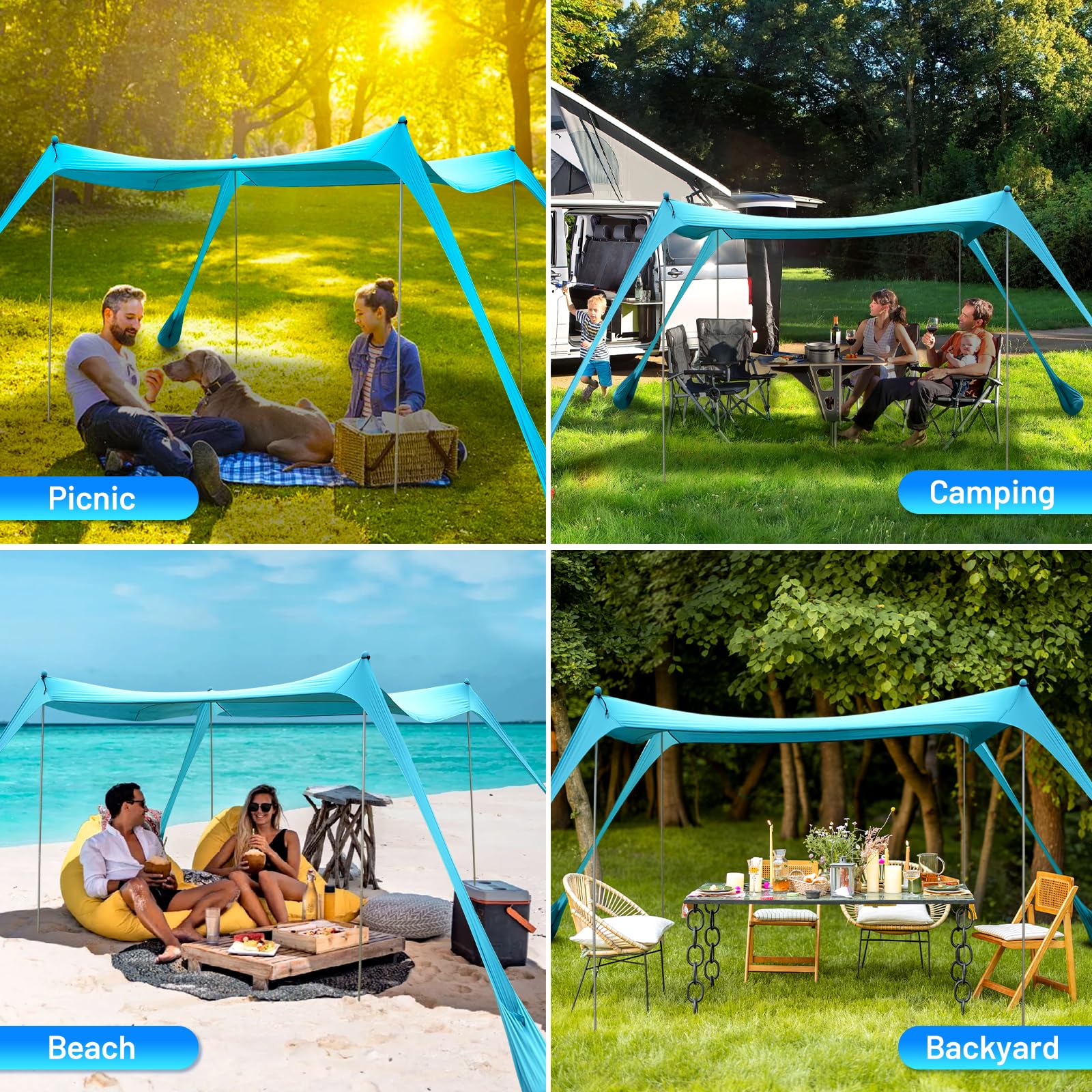 Botindo Family Beach Tent Canopy Sun Shade, Pop Up Grande Beach Tent Sun Shelter Stability 4 Poles With Portable Carry Bag Outdo