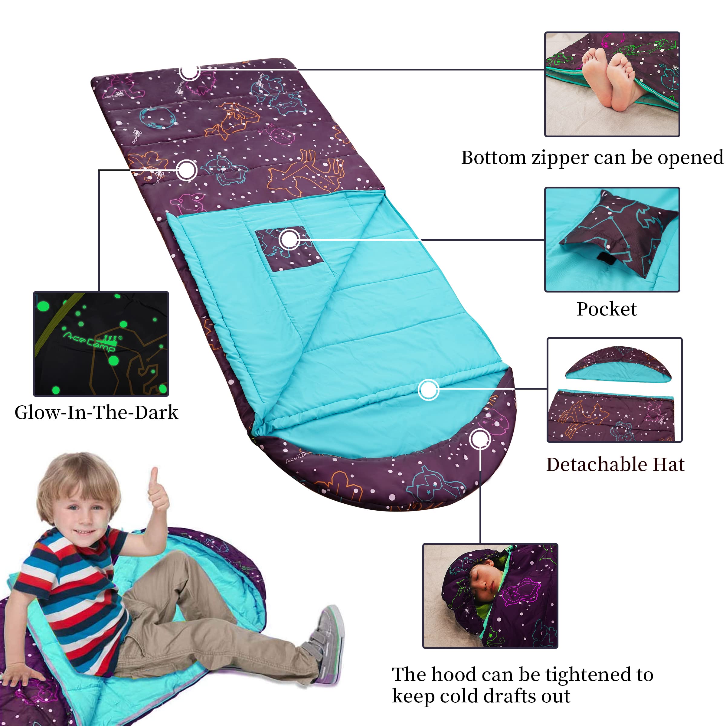 Acecamp 3 Seaons Sleeping Bags For Youth Boys And Girls, Lightweight Glowing In The Dark, Perfect For Slumber Parties, Camping A