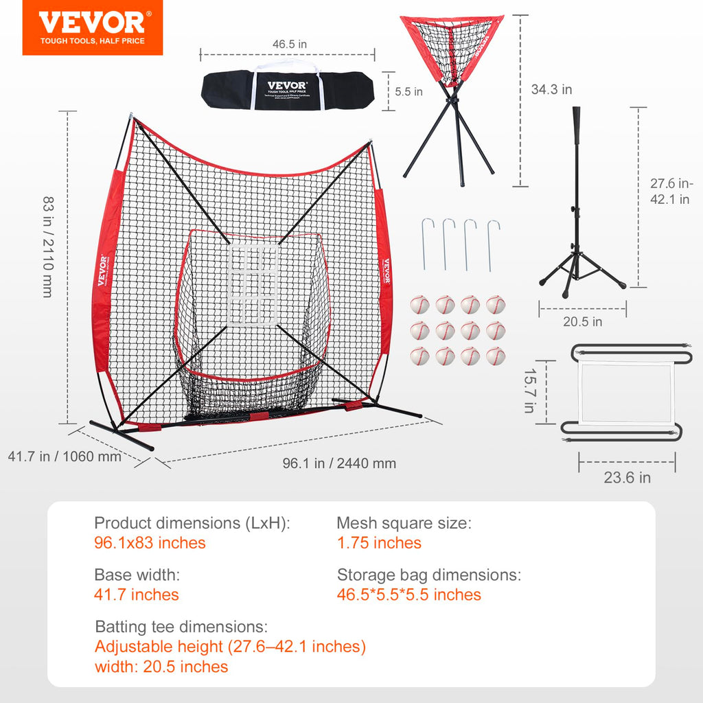 Vevor 7X7 Ft Baseball Softball Practice Net, Portable Baseball Training Net For Hitting Catching Pitching, Backstop Equipment Wi