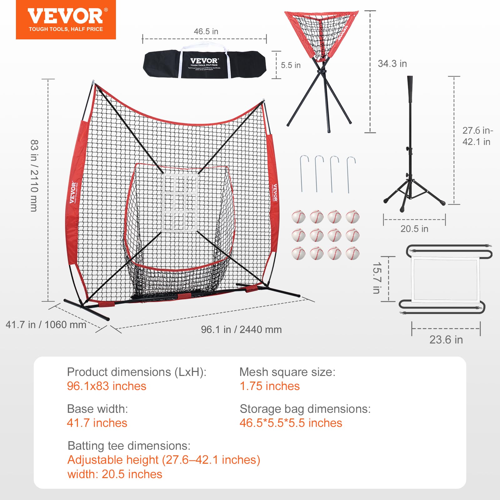 Vevor 7X7 Ft Baseball Softball Practice Net, Portable Baseball Training Net For Hitting Catching Pitching, Backstop Equipment Wi