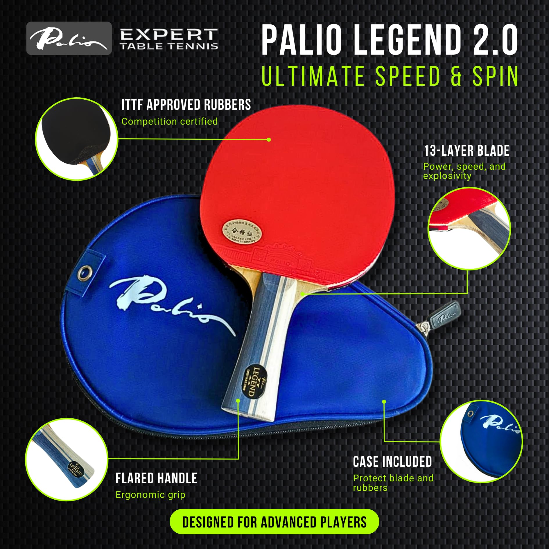 Palio Legend 2.0 Table Tennis Racket & Case | Ittf-Approved Advanced Ping Pong Paddle | Maximum Power, Speed & Spin