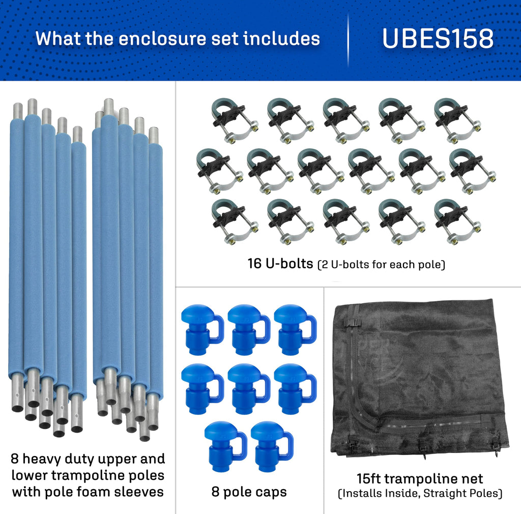 Upper Bounce Trampoline Safety Enclosure Set Including Trampoline Net, 8 Trampoline Poles (With 8 Pole Caps) Trampoline Pole Foa