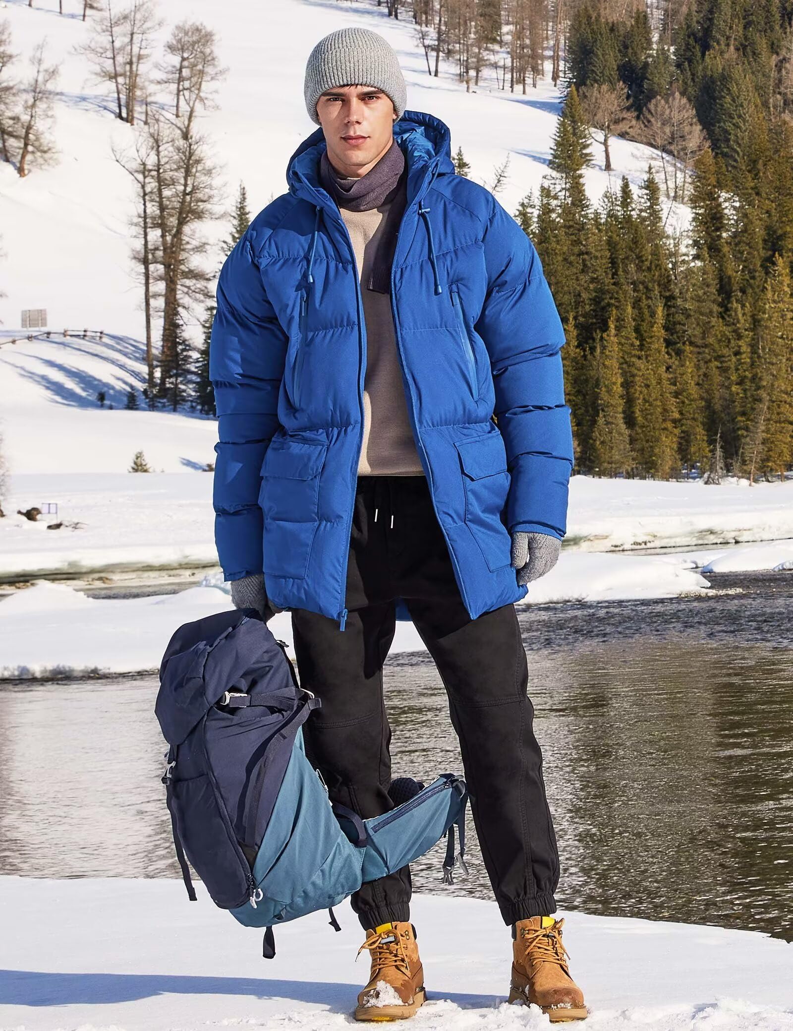 Rejork Men s Long Winter Coat Hooded Warm Quilted Jacket Water-resistant Cold Weather Parka Royal Blue L