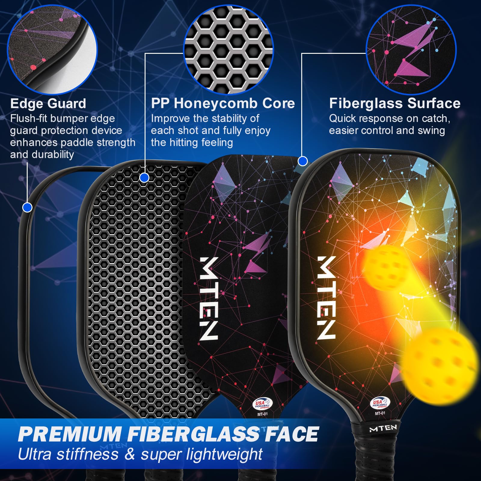 Pickleball Paddle, Usapa Approved Fiberglass Surface Pickleball Paddle With Protective Cover, Outdoor For Men Women