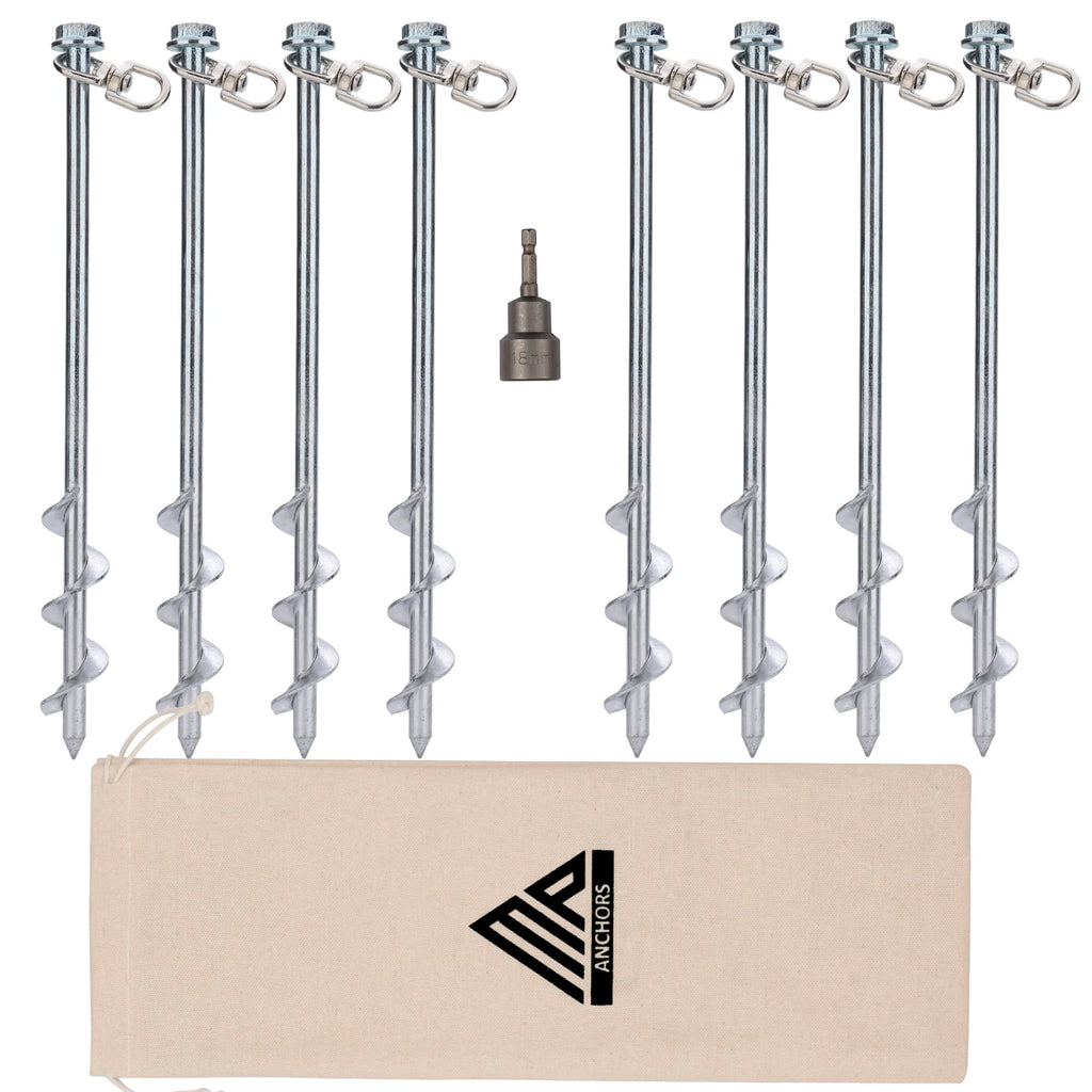 Ground Anchors Screw In - 12'' Set Of 8 With Drill Bit - Earth Anchors - Ground Stakes Heavy Duty - Mobile Home Anchors - Shed A
