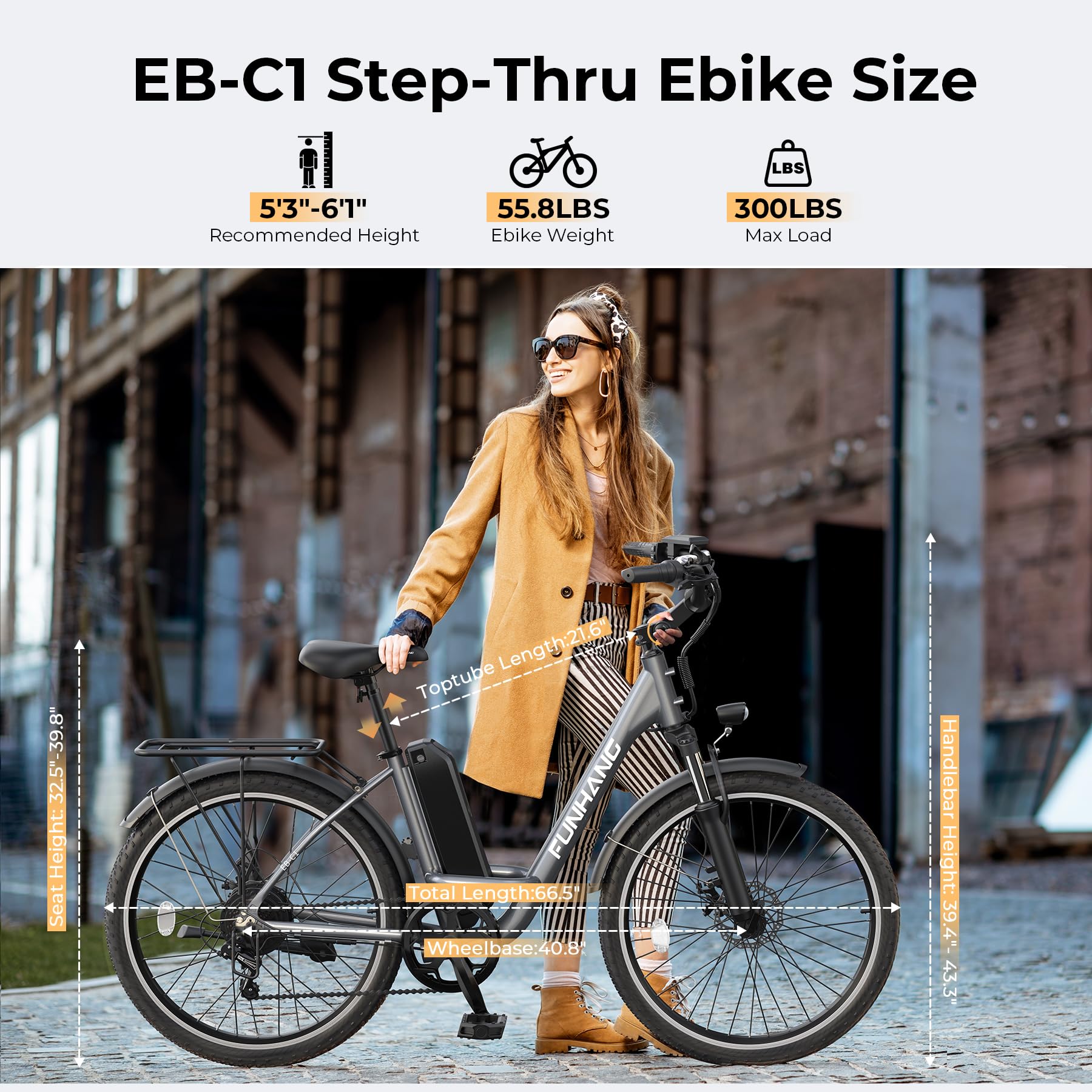 Funhang Electric Bike For Adults, 1000W Peak Ebike, 21.7Mph 50Miles City Cruiser Ebikes, 26 Step Thru Electric Bicycle With 48V