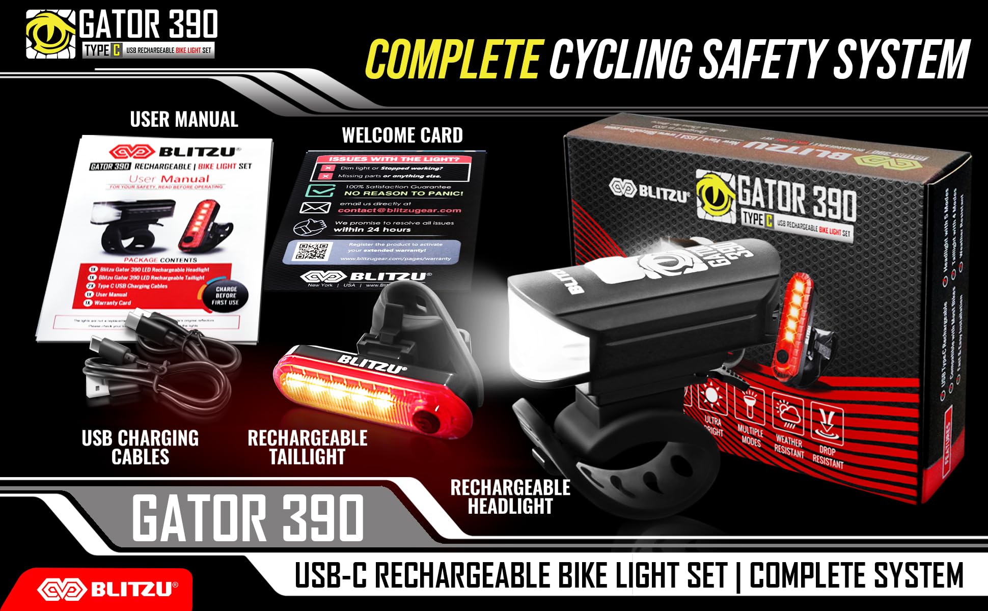 Stocking Stuffers For Men - Blitzu Gator 390 Rechargeable Bike Light Set - Night Riding Accessories, Cool Gadgets White Elephant