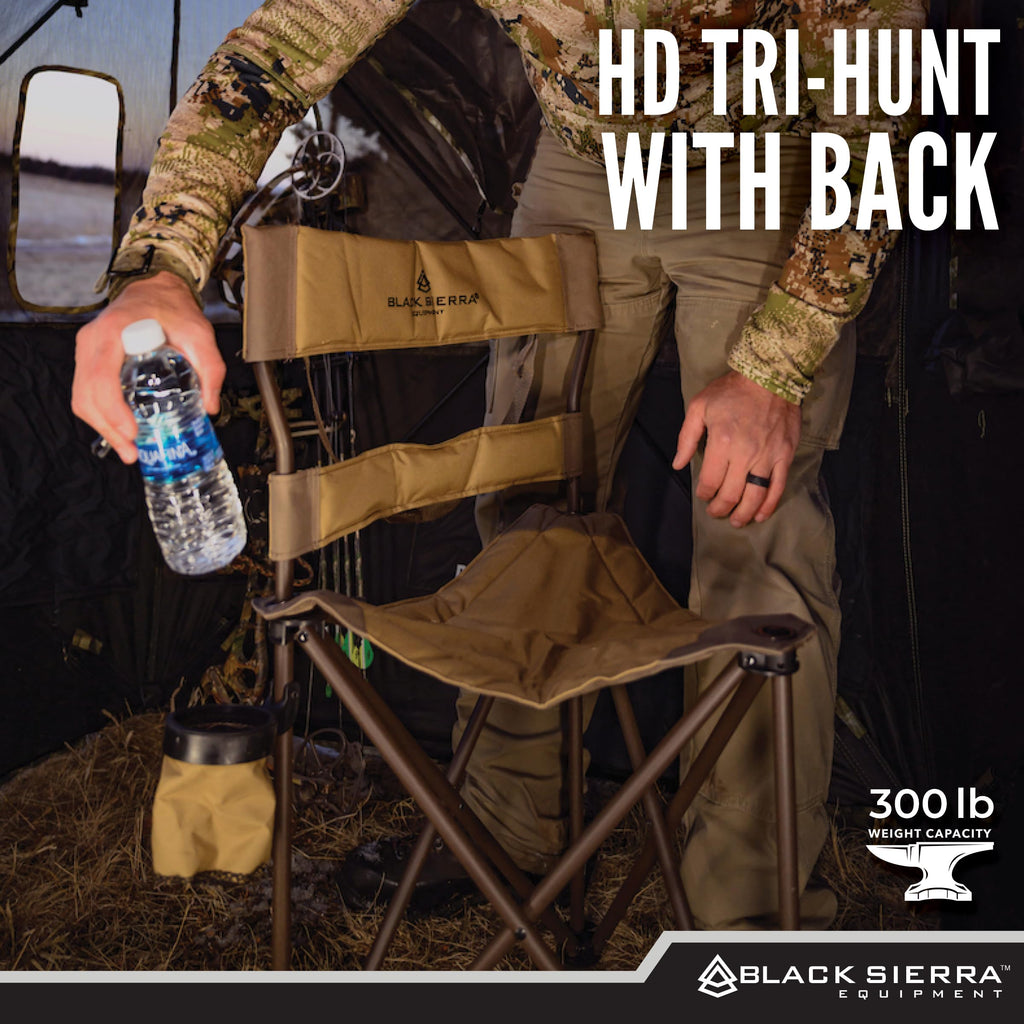 Black Sierra Xl Tripod Hunting Stool, Foldable Tripod Seat W/Steel Frame Supports 300 Lbs, Heavy Duty Fishing Chair Features Cup