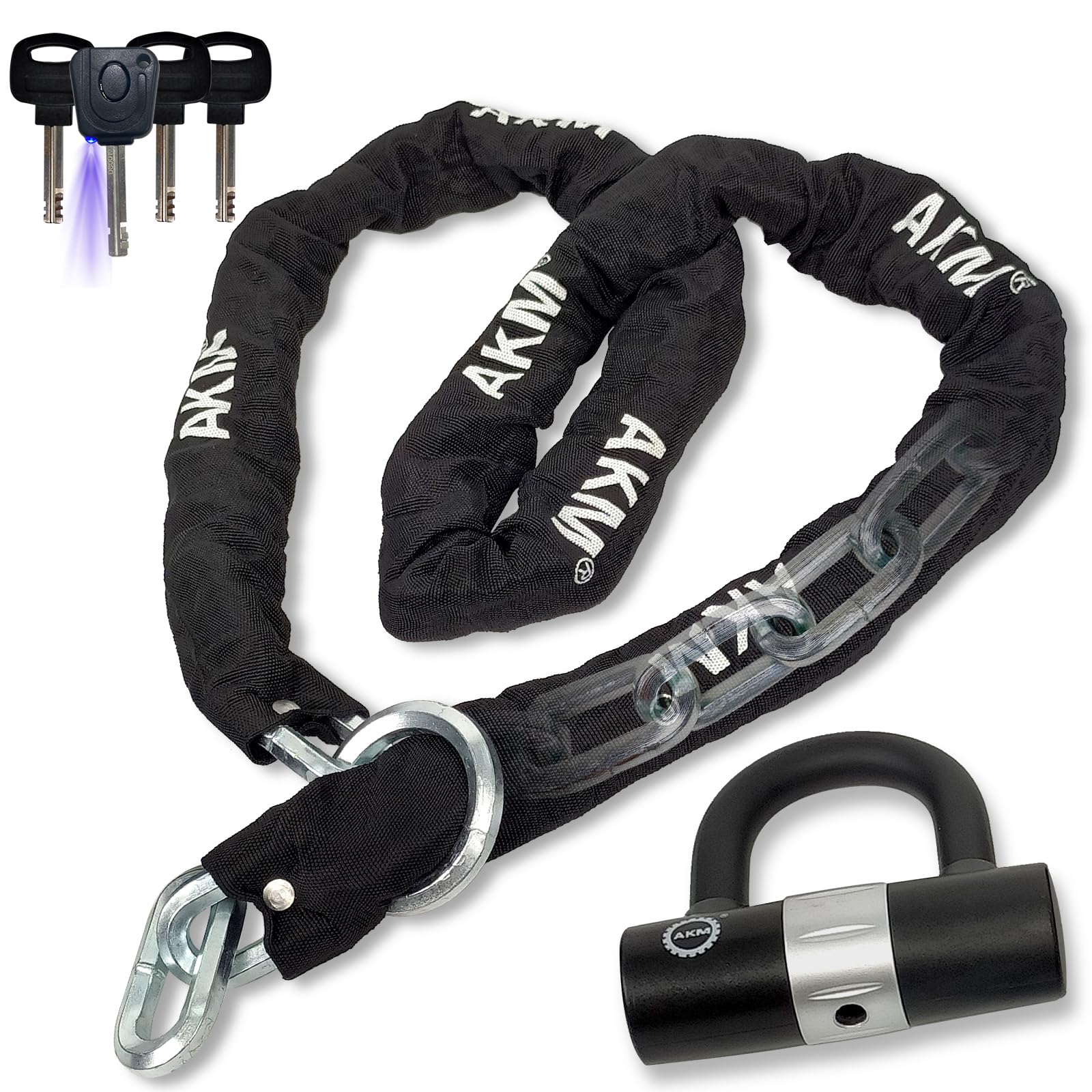 AKM Motorcycle Lock Chain Lock Anti-Theft 6.56ft/250cm Super Long Durable 12mm Thick Bike Chain Lock with 4 Keys Security 16mm U
