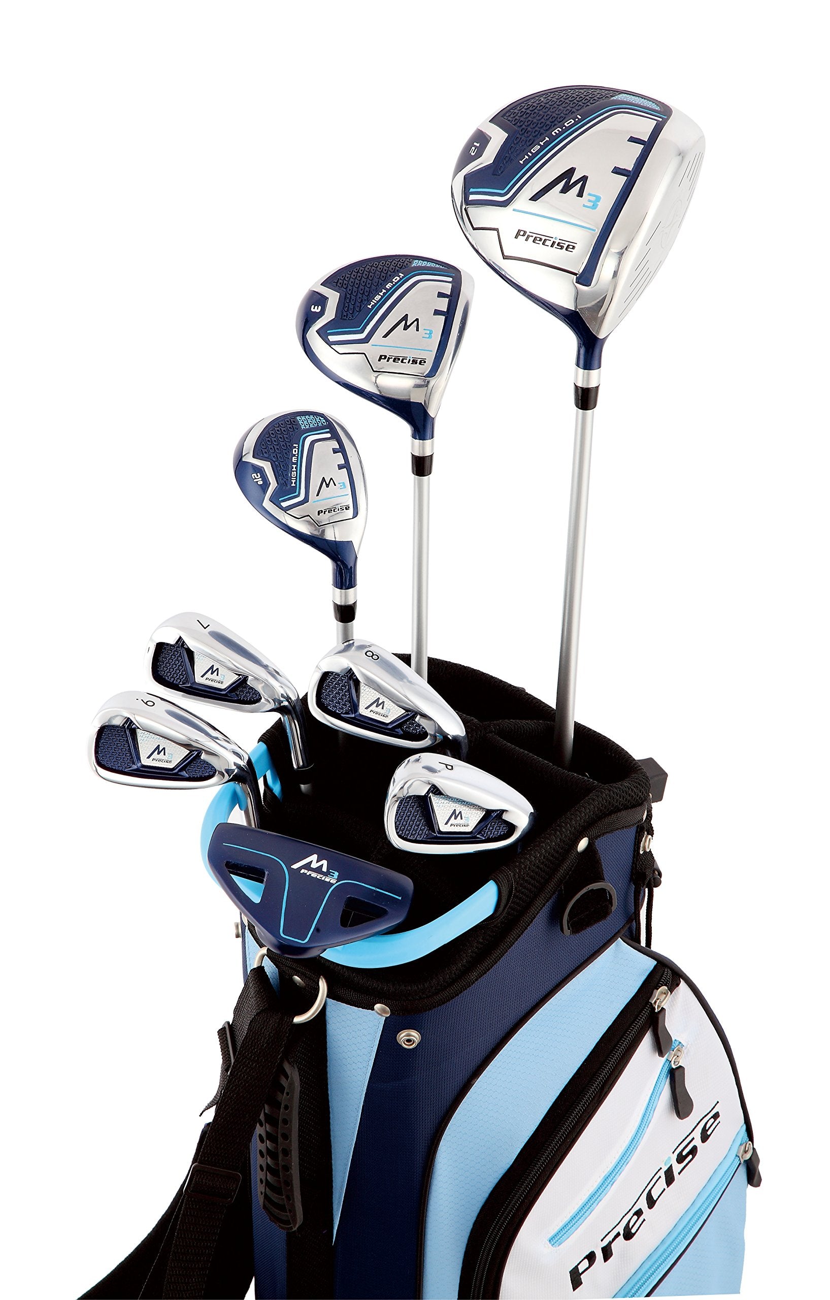 Precise M3 Ladies Womens Complete Golf Clubs Set Includes Driver, Fairway, Hybrid, 7-Pw Irons, Putter, Stand Bag, 3 H/Cs Blue -
