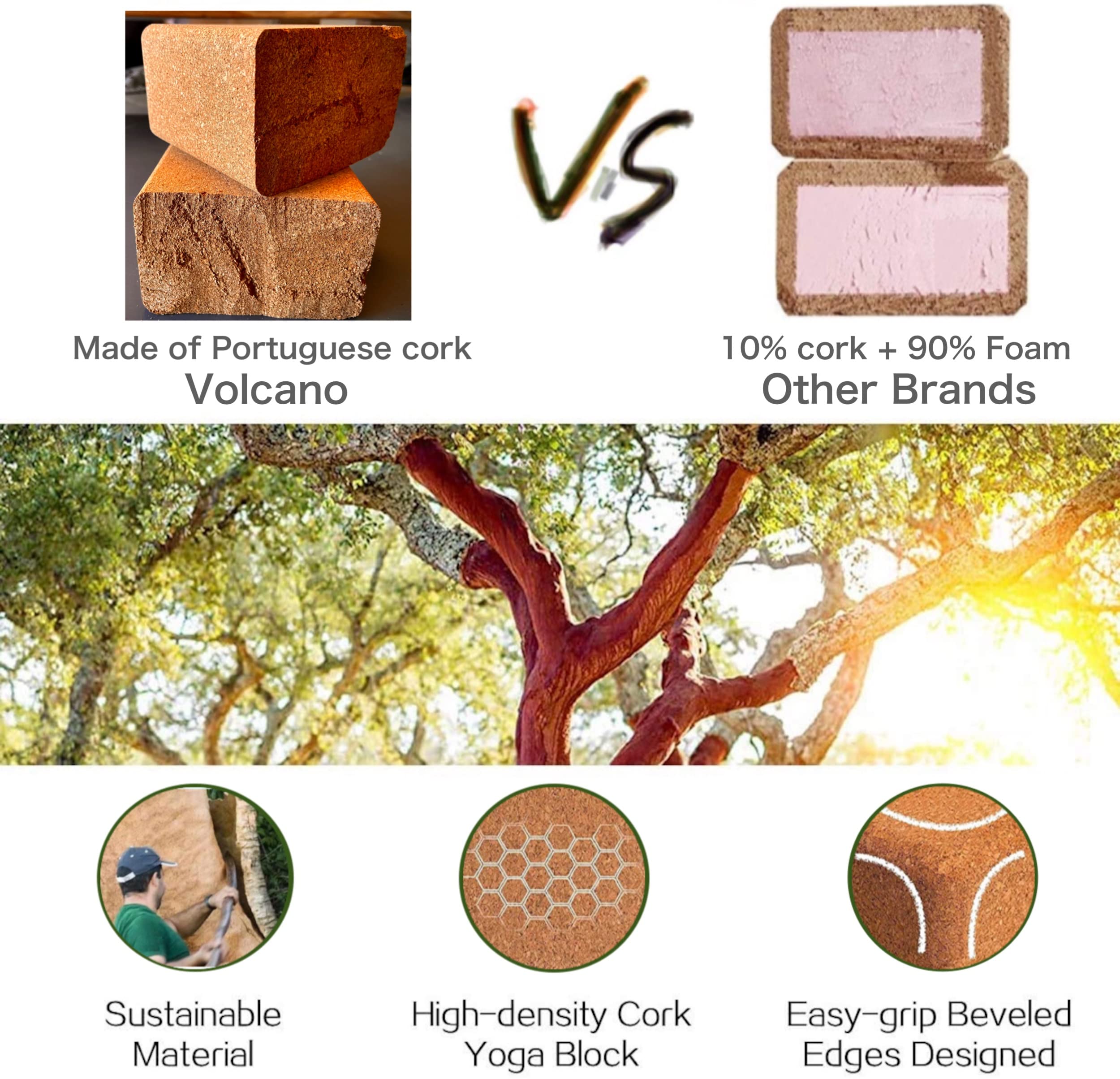 Cork Yoga Blocks 2 Pack Set -Natural Cork From Portugal, 9''X6''X4'' Yoga Blocks Non-Slip&Anti-Tilt For Women Men, Lightweight,