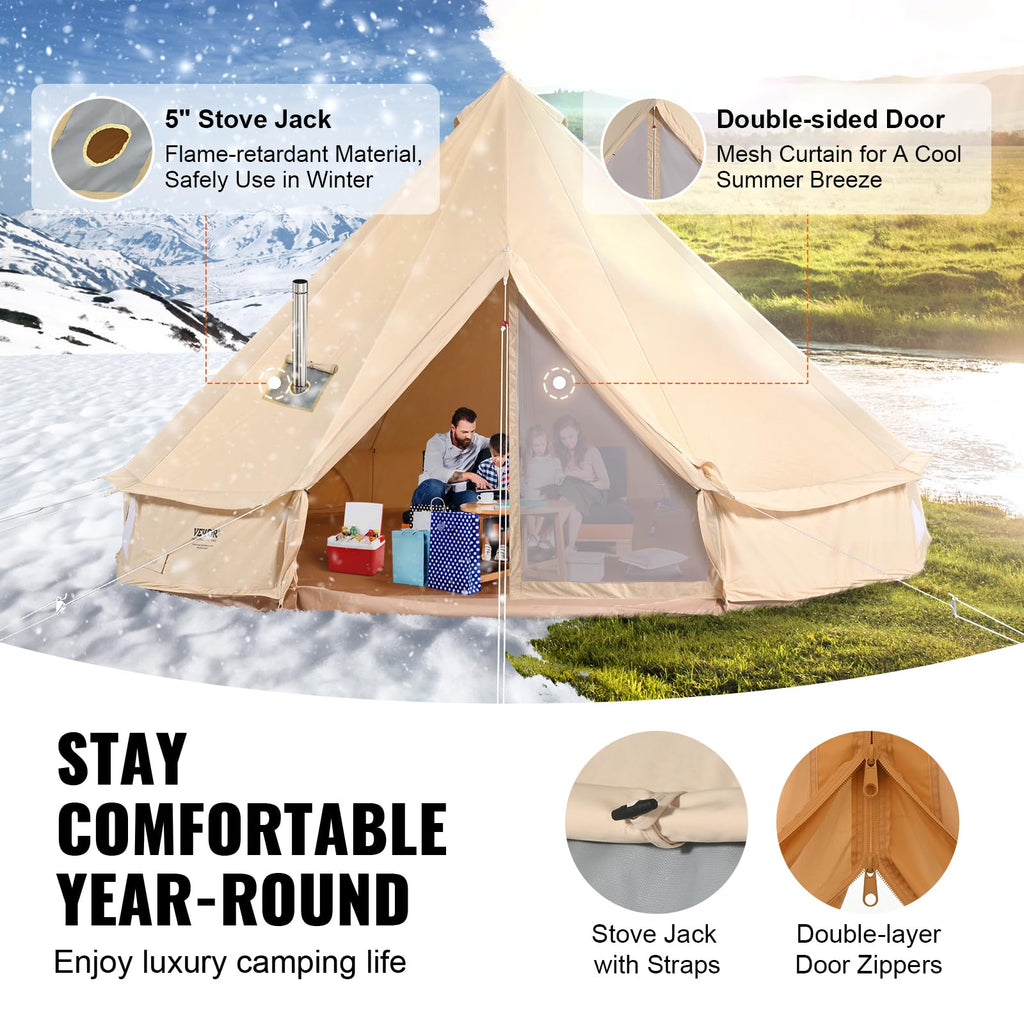Vevor Canvas Bell Tent, Yurt Tents 4 Seasons 4 M/13.12 Ft, Canvas Tents For Camping With Stove Jack Holds Up To 6 People, Family
