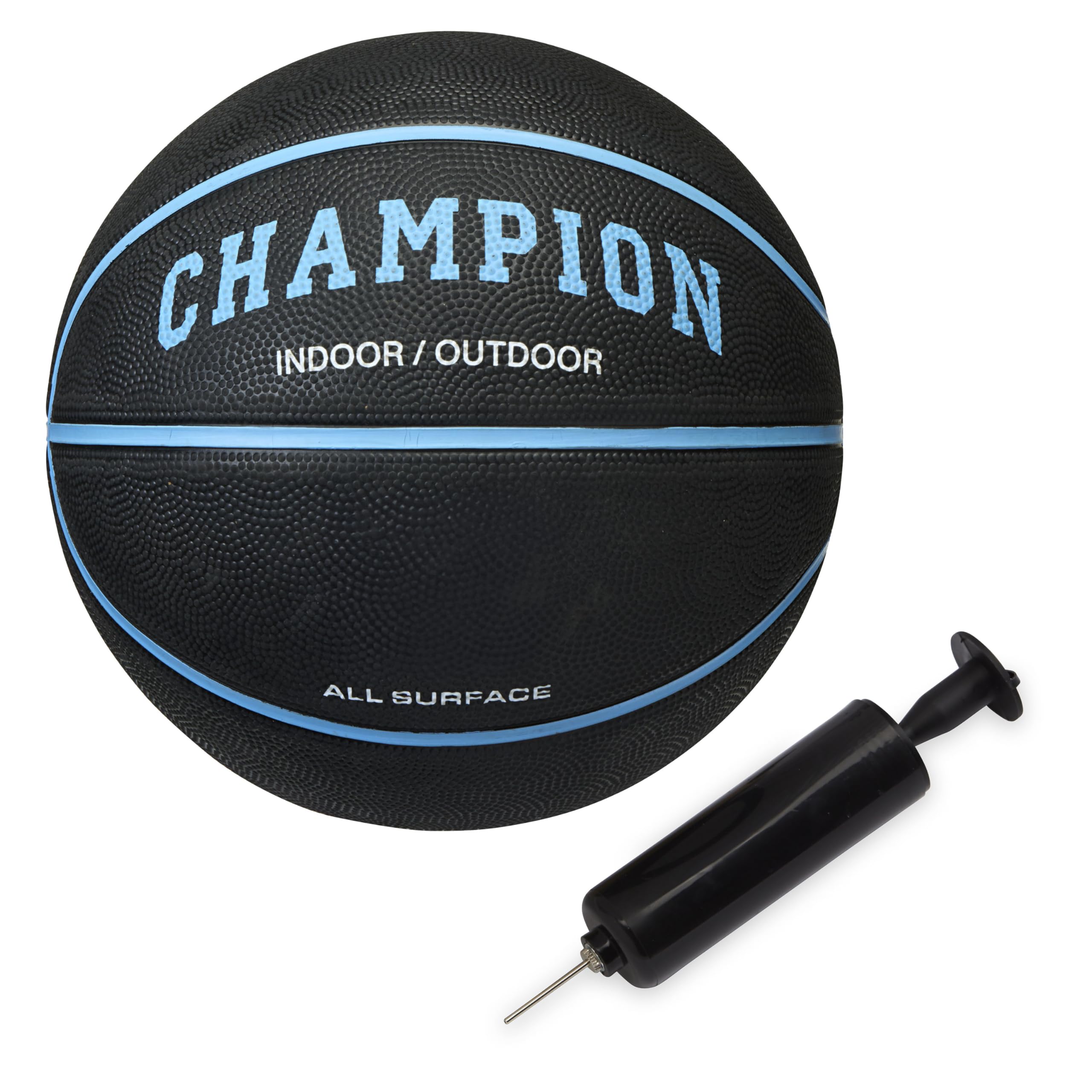 Champion Basketball (29.5, Black/Bonnie Blue) - Durable Rubber Cover with Deep Channels for Better Control, Anti-Burst Butyl Bla