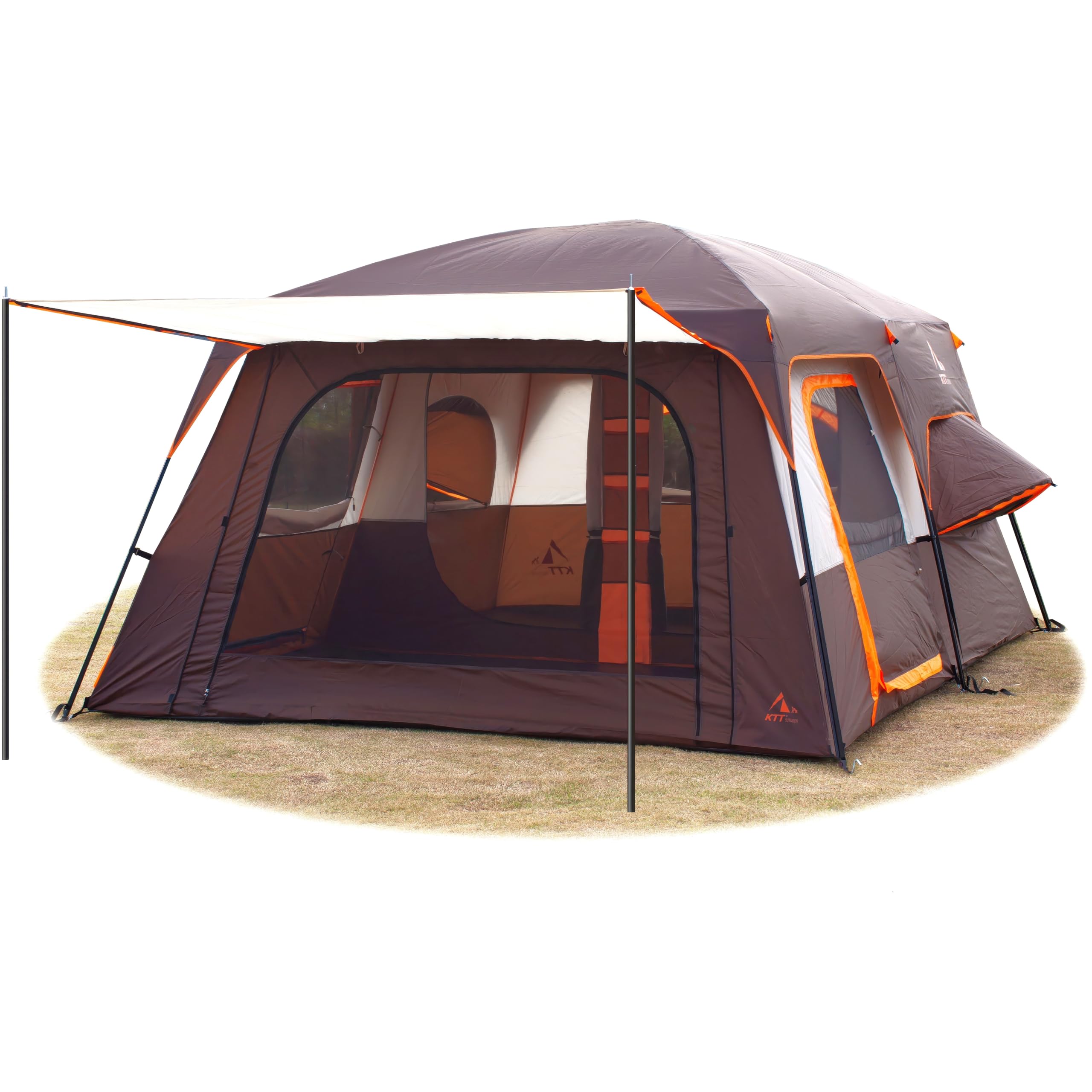 Ktt Extra Large Tent 12 Person,2 Bay-Windows,Family Cabin Tents,14.1'Lx10'Wx6.58'H,2 Rooms And 3 Doors 3 Windows With Mesh,Water
