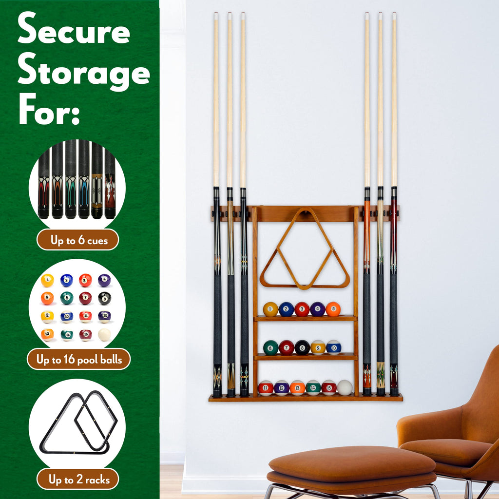 Iszy Billiards Pool Cue Rack - Billiard Pool Stick And Ball Holder Only - 100% Wood Wall Mount Holds 6 Cues And 16 Balls - Pool