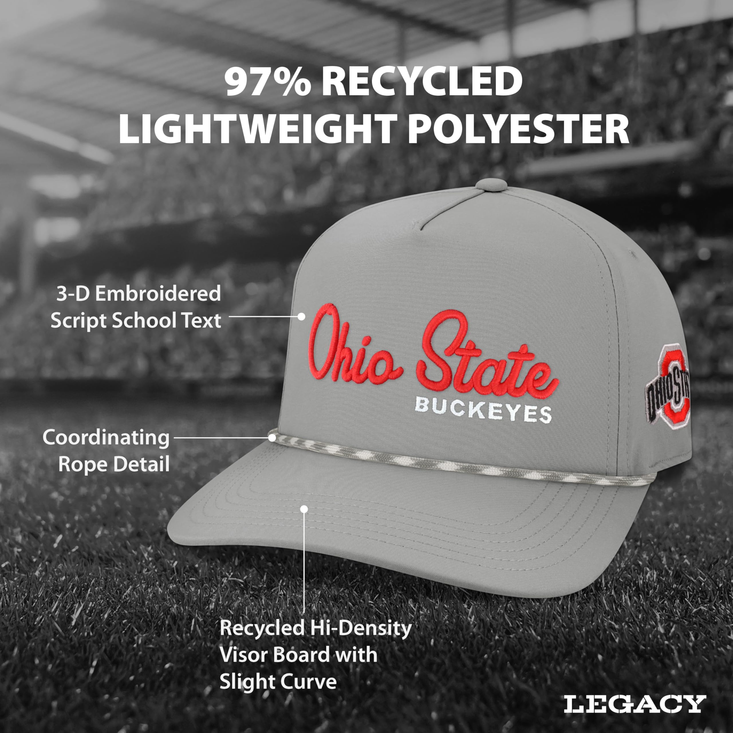 Legacy NCAA Officially Licensed Rope Hat, Ohio State Buckeyes, Lightweight Cap for Men & Women, Caddy Adjustable (Caddy), Grey/G