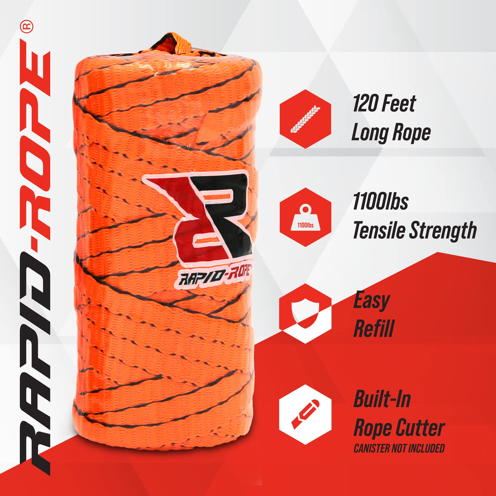 Rapid Rope Refill 120Ft Orange Flat Tactical Paracord | Made In The Usa | 1100Lb Tested Heavy Duty Poly Rope Test Cord | For Hik