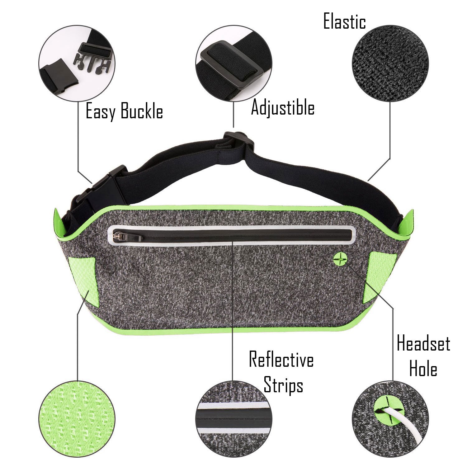 Epicgadget(Tm) Running Waist Pack, Lightweight Water Resistant Reflective Runner Belt Sports Fanny Pack Adjustable Waistband (Gr