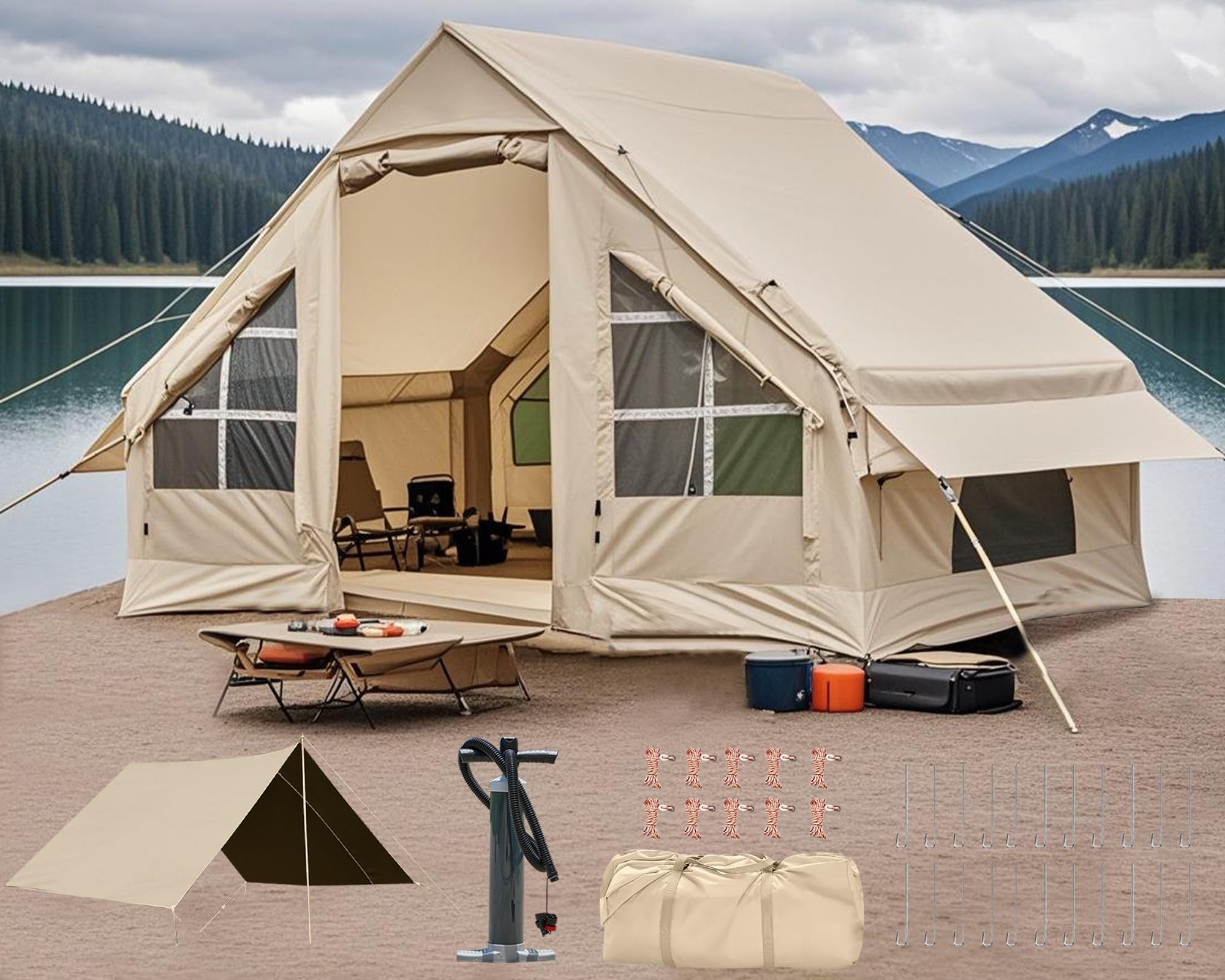 4-6 Person Inflatable Cabin Camping Tent With Canopy, Picnic Blanket - Waterproof, Easy Setup