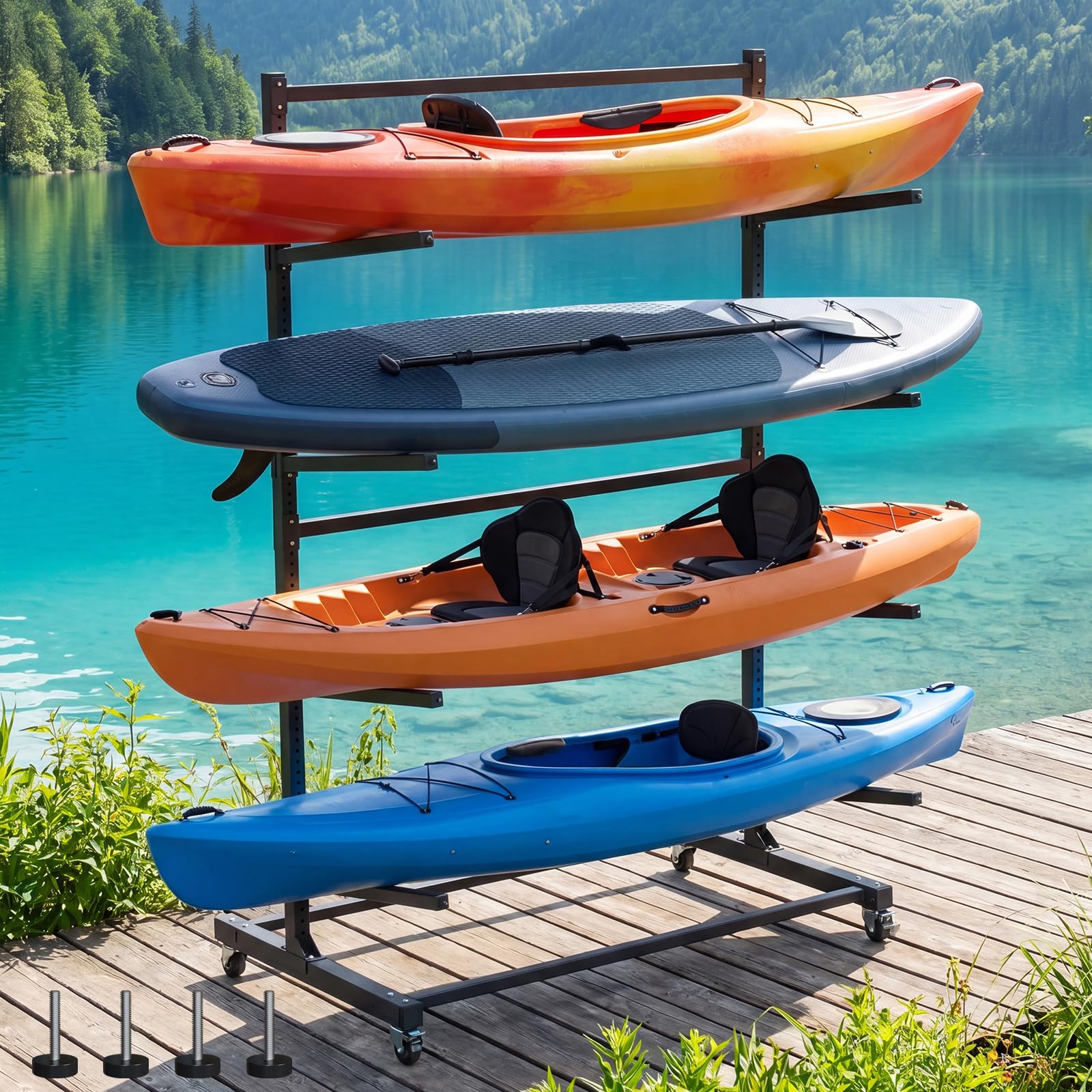 Noliven 4 Tier Freestanding Kayak Storage Rack, Adjustable Kayak Racks, 4 Detachable 360 Wheels with Brakes & Adjustable Feet, C