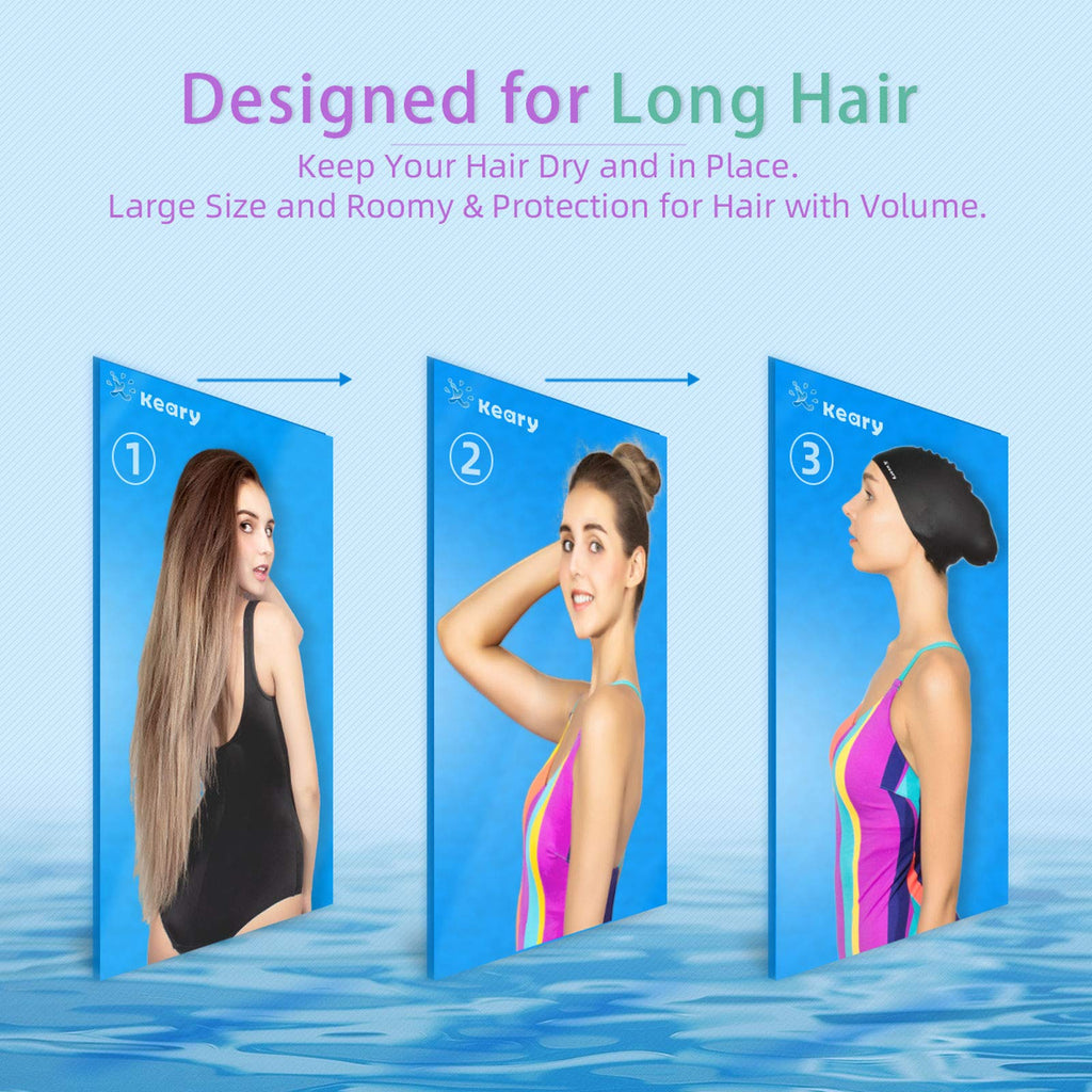 Keary 2 Pack Silicone Swim Cap For Long Hair Women Girls Waterproof Pool Swimming Cap Cover Ears To Keep Your Hair Dry, 3D Ergon