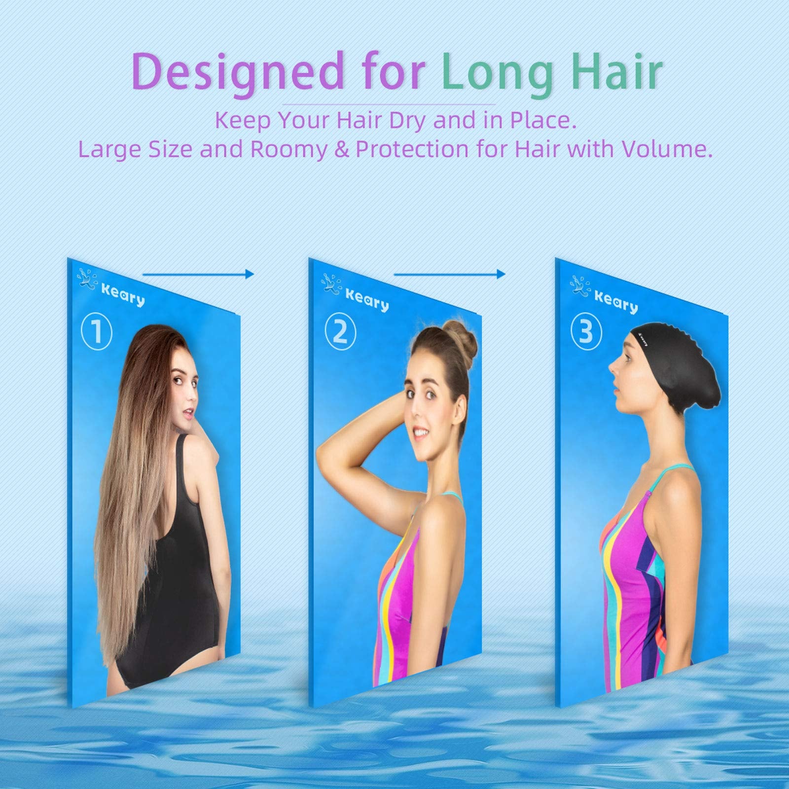 Keary 2 Pack Silicone Swim Cap For Long Hair Women Girls Waterproof Pool Swimming Cap Cover Ears To Keep Your Hair Dry, 3D Ergon