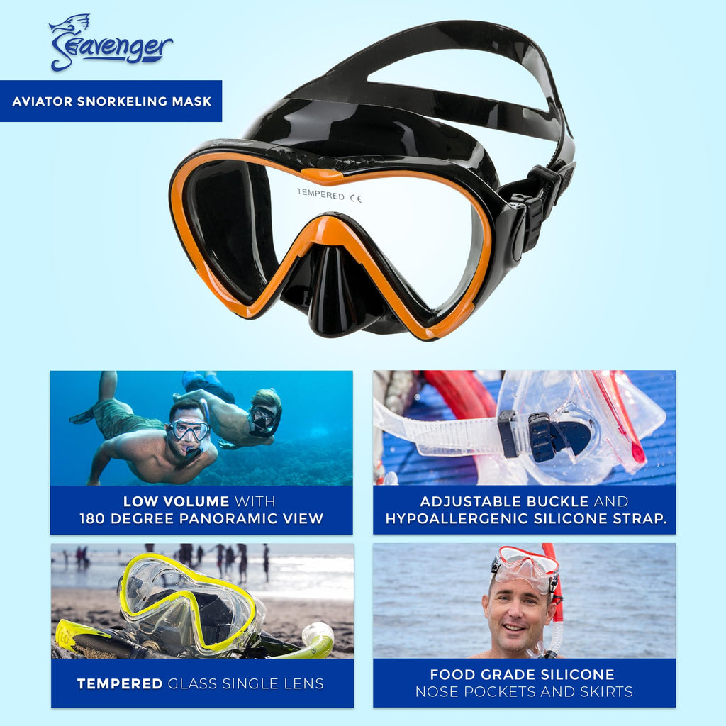Seavenger Diving Dry Top Snorkel Set With Trek Fin, Single Lens Mask And Gear Bag, L/Xl - Size 9 To 13, Gray/Black Silicon/Orang