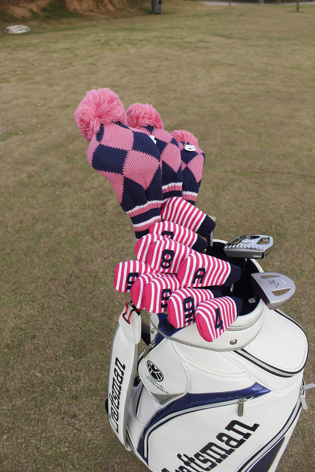 Craftsman Golf Knit Pom Pom 3Pcs Headcover Set Vintange Sock Covers For Driver And Woods (Navy Argyle Pink White)