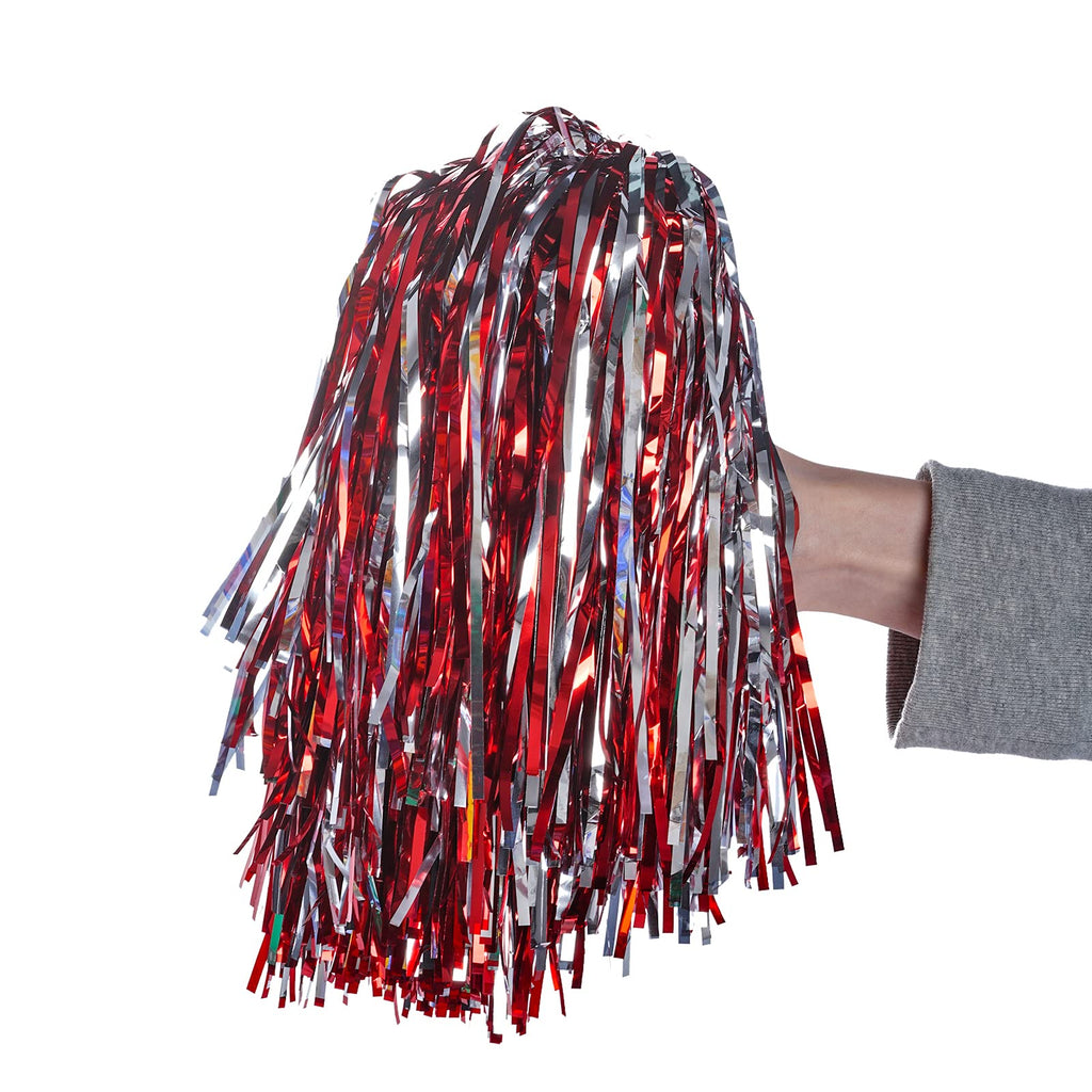 Baotongle 12 Pcs Cheerleading Squad Spirited Fun Poms Pompoms Cheer Costume Accessory For Party Dance Sports (Red Slivery)