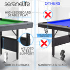 Serenelife 6-Ft Folding Pool Table - Portable Billiard Table - Includes 2X Cue Sticks, Full Set Of Balls, Chalk, Brush - Foldabl