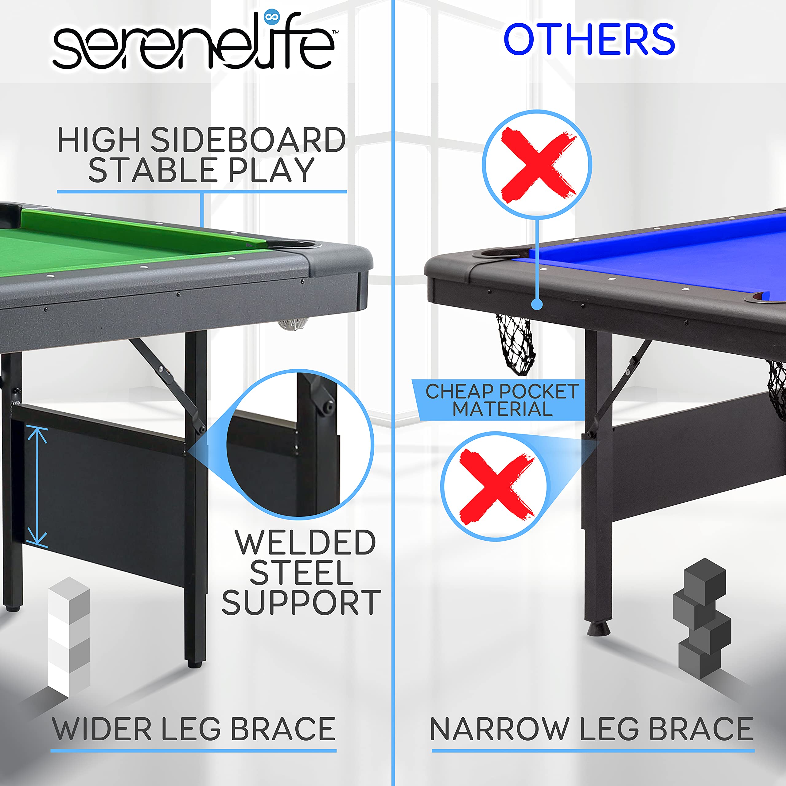 Serenelife 6-Ft Folding Pool Table - Portable Billiard Table - Includes 2X Cue Sticks, Full Set Of Balls, Chalk, Brush - Foldabl