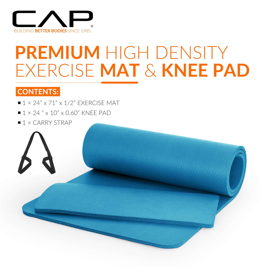 CAP Barbell High Density Exercise Yoga Mat with strap and Knee Pad 71x24x1/2 - TEAL