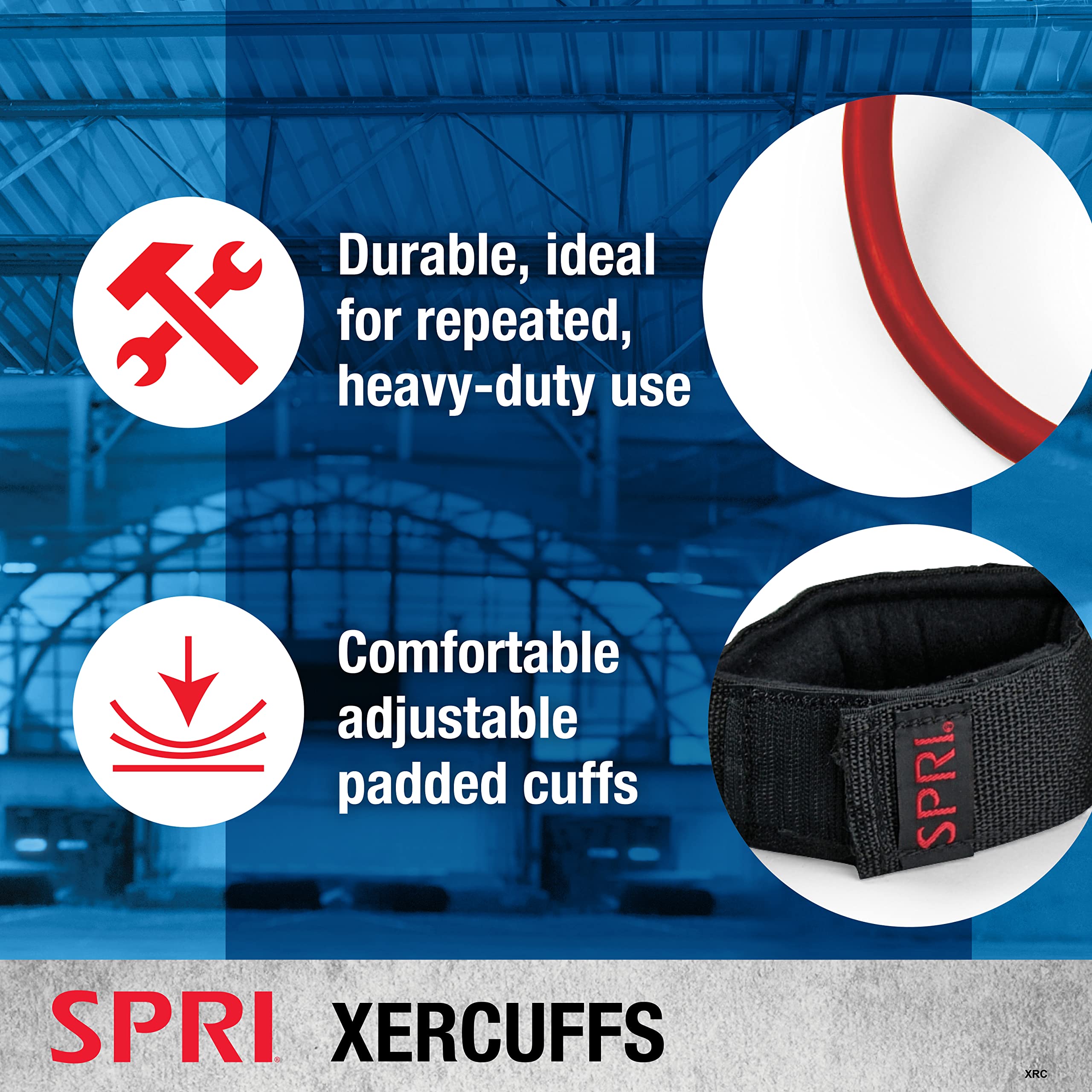 Spri Xercuff Leg Resistance Band Exercise Cord With Non-Slip Padded Ankle Cuffs, Blue, Heavy
