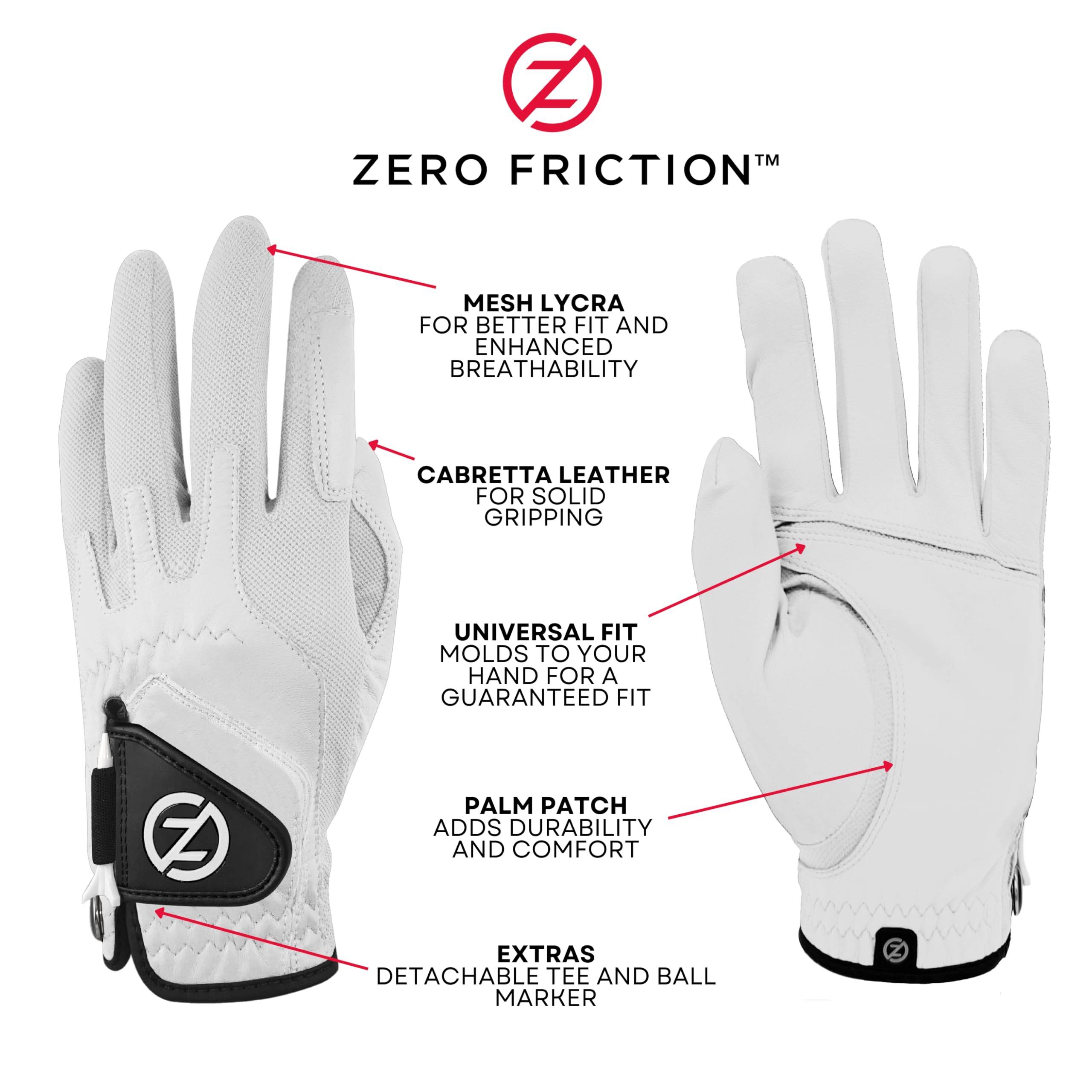Zero Friction Male Mens Cabretta Elite Golf Glove 2 Pack, Free Tee Pack White & White, Universal Fit (Gl72007)
