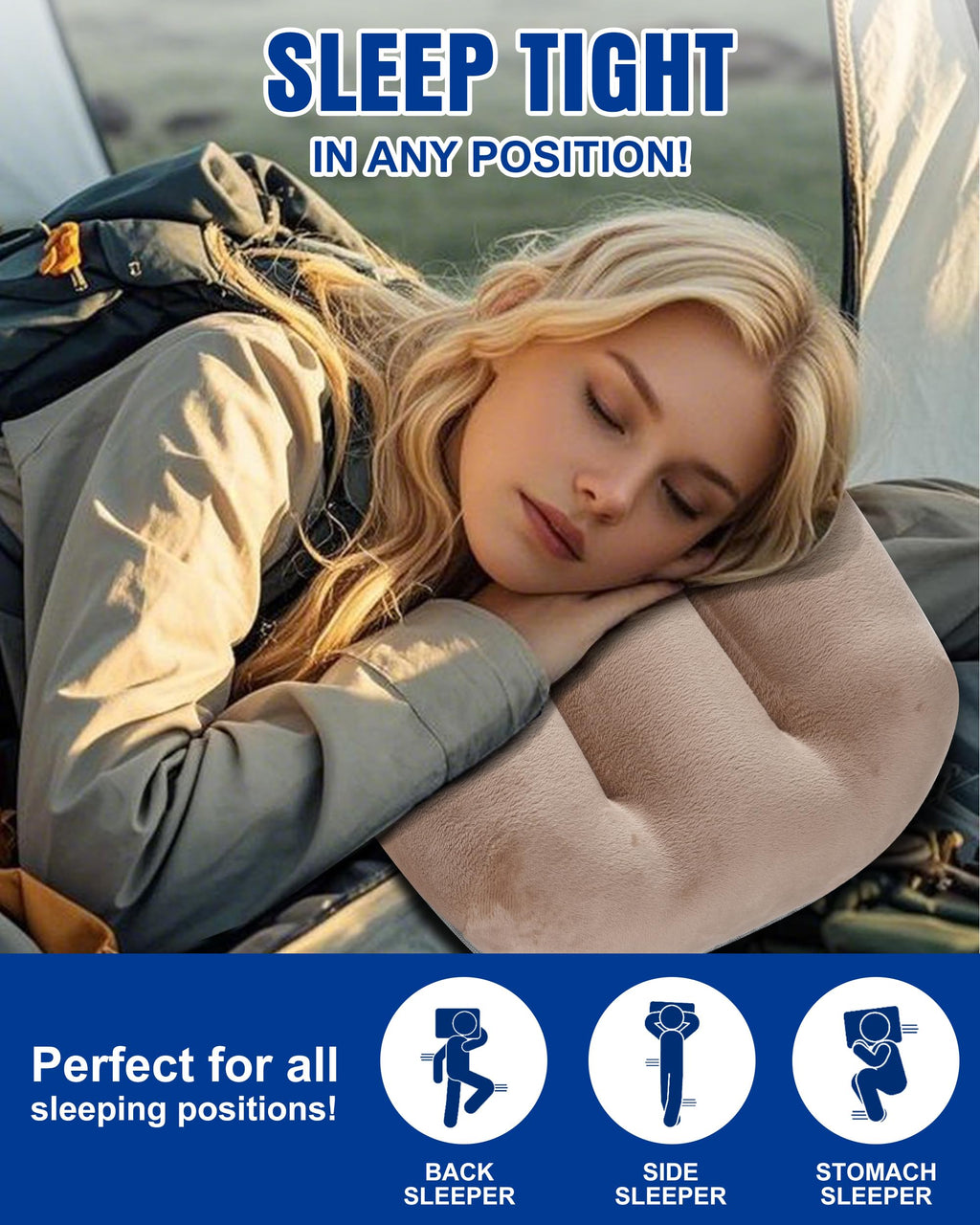 Kampair Ultralight Inflatable Camping Pillow For Sleeping - Soft Velvet Cover, Compact & Portable, Ergonomic Neck Support, Machi