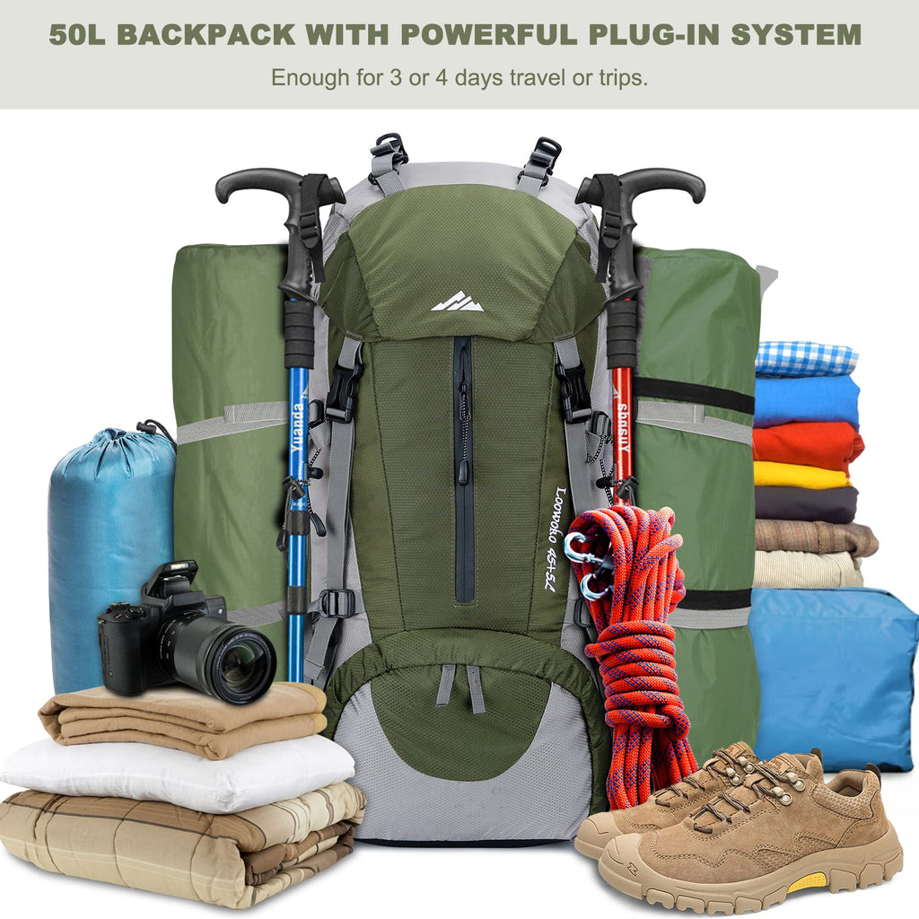 Loowoko 50L Hiking Backpack, Waterproof Camping Essentials Bag With Rain Cover, 45+5 Liter Lightweight Backpacking Back Pack