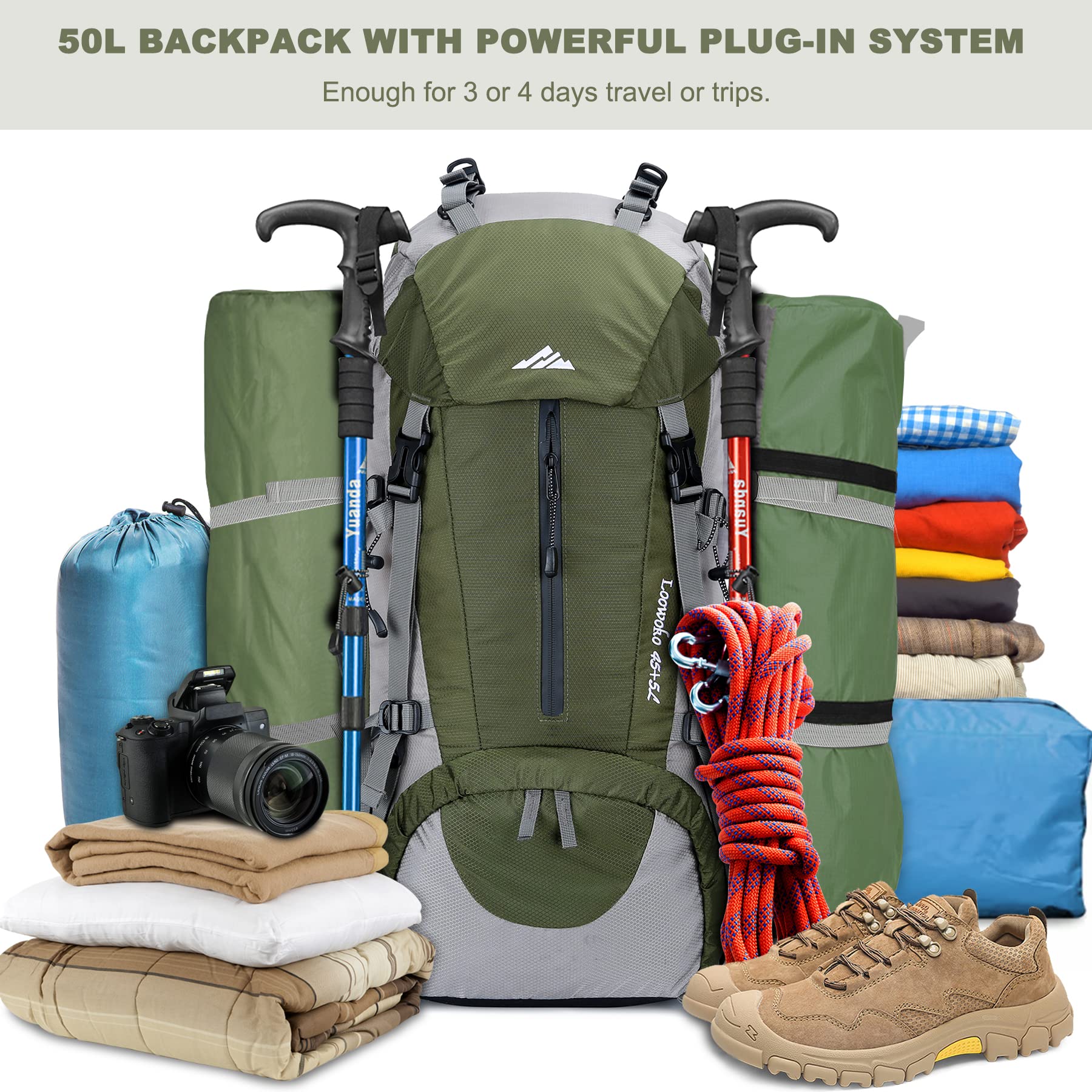 Loowoko 50L Hiking Backpack, Waterproof Camping Essentials Bag With Rain Cover, 45+5 Liter Lightweight Backpacking Back Pack