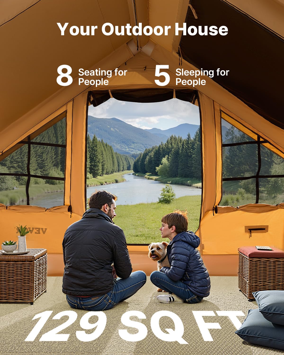 Vevor Inflatable Tents For Camping, 5-8 Person Easy Setup Blow Up Tent With Hand Pump, Luxury Glamping Tent With 2 Skylights, Ca