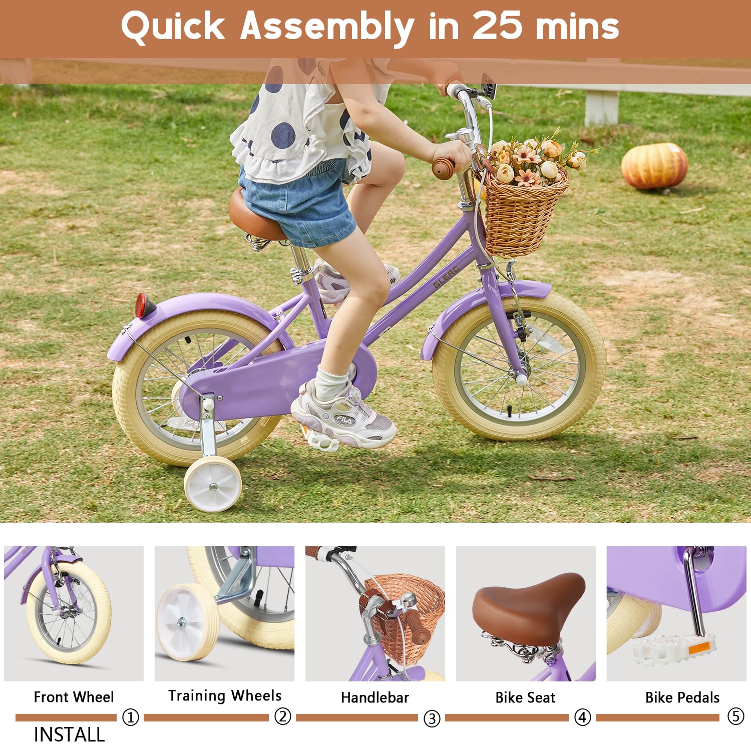 Glerc Little Molly 12 Inch Kids Bike, Retro Cruiser Girls Bicycle for Children Ages 2-4 Years Old, Toddler Bike with Wicker Bask