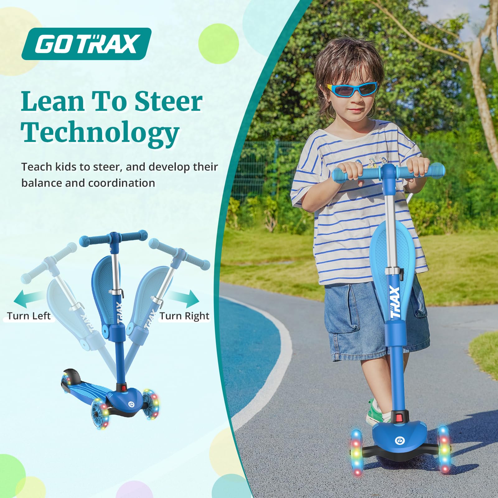 Gotrax KS3 Kids Kick Scooter, LED Lighted Wheels, Adjustable Height Handlebars and Removable Seat, Lean-to-Steer & Widen Anti-Sl