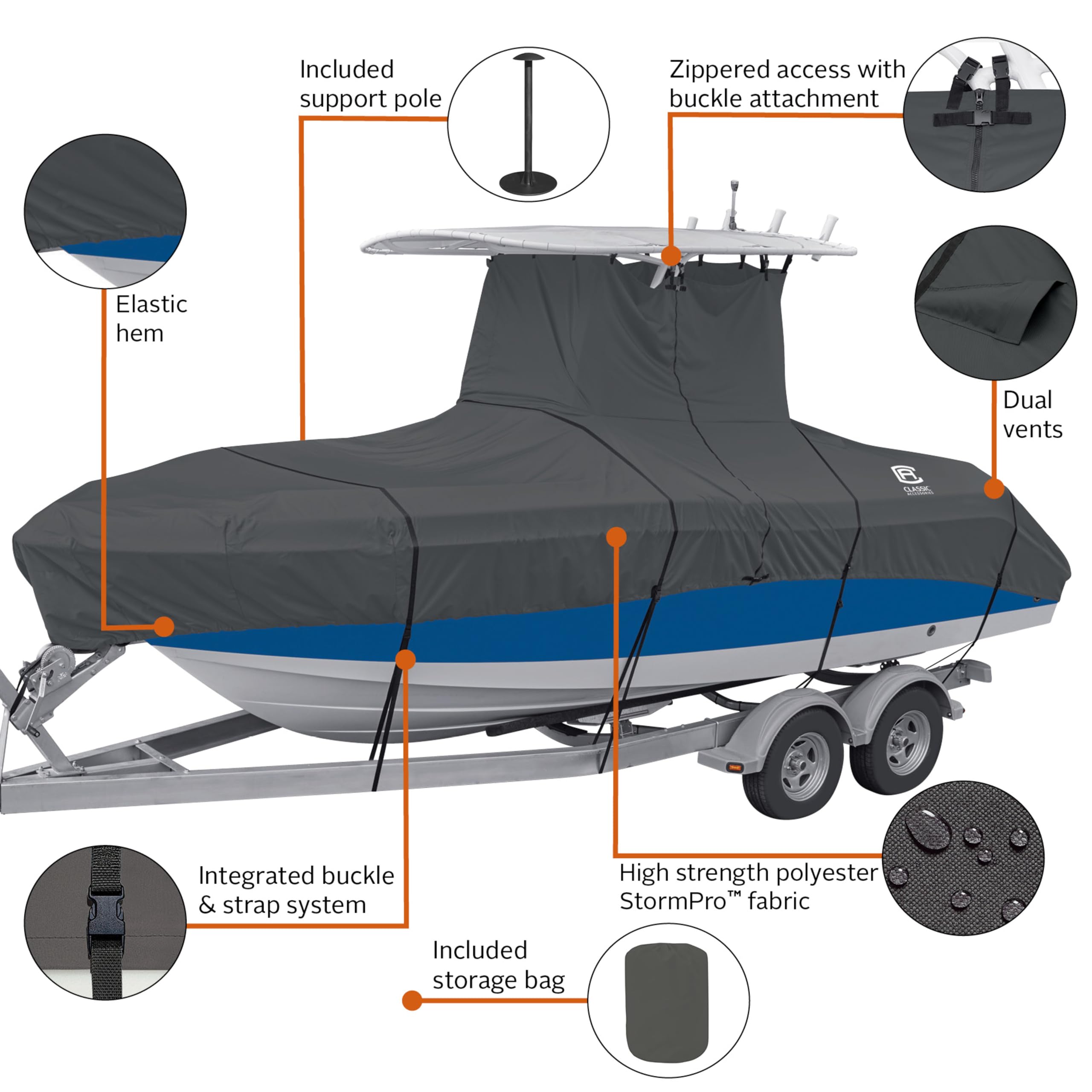 Classic Accessories Stormpro Dark Grey Heavy-Duty T-Top Boat Cover, Fits Boats 17 Foot - 19 Foot L X 102 Inch W, Marine Grade Fa