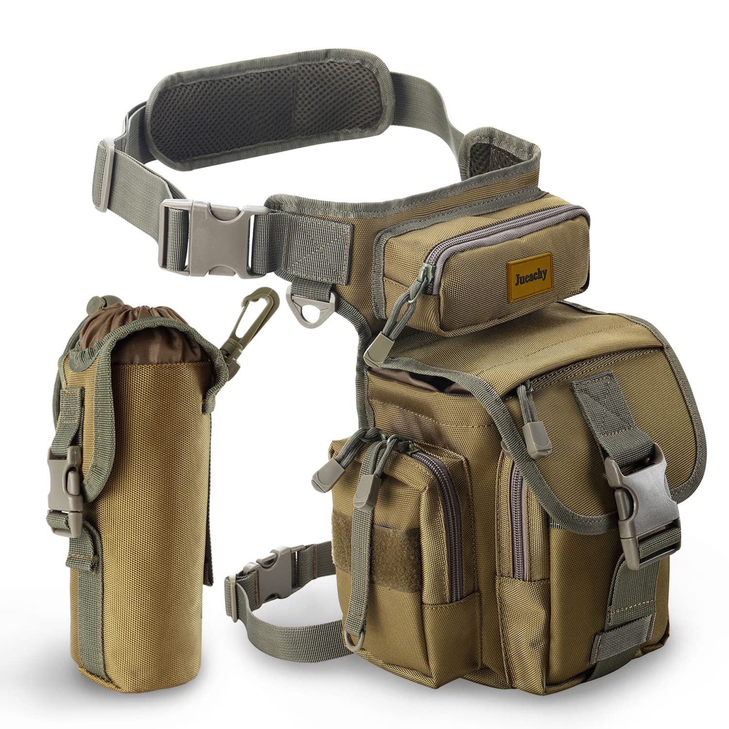 Jueachy Drop Leg Bag For Men Tactical Metal Detecting Thigh Pack With Water Bottle Pouch Tan