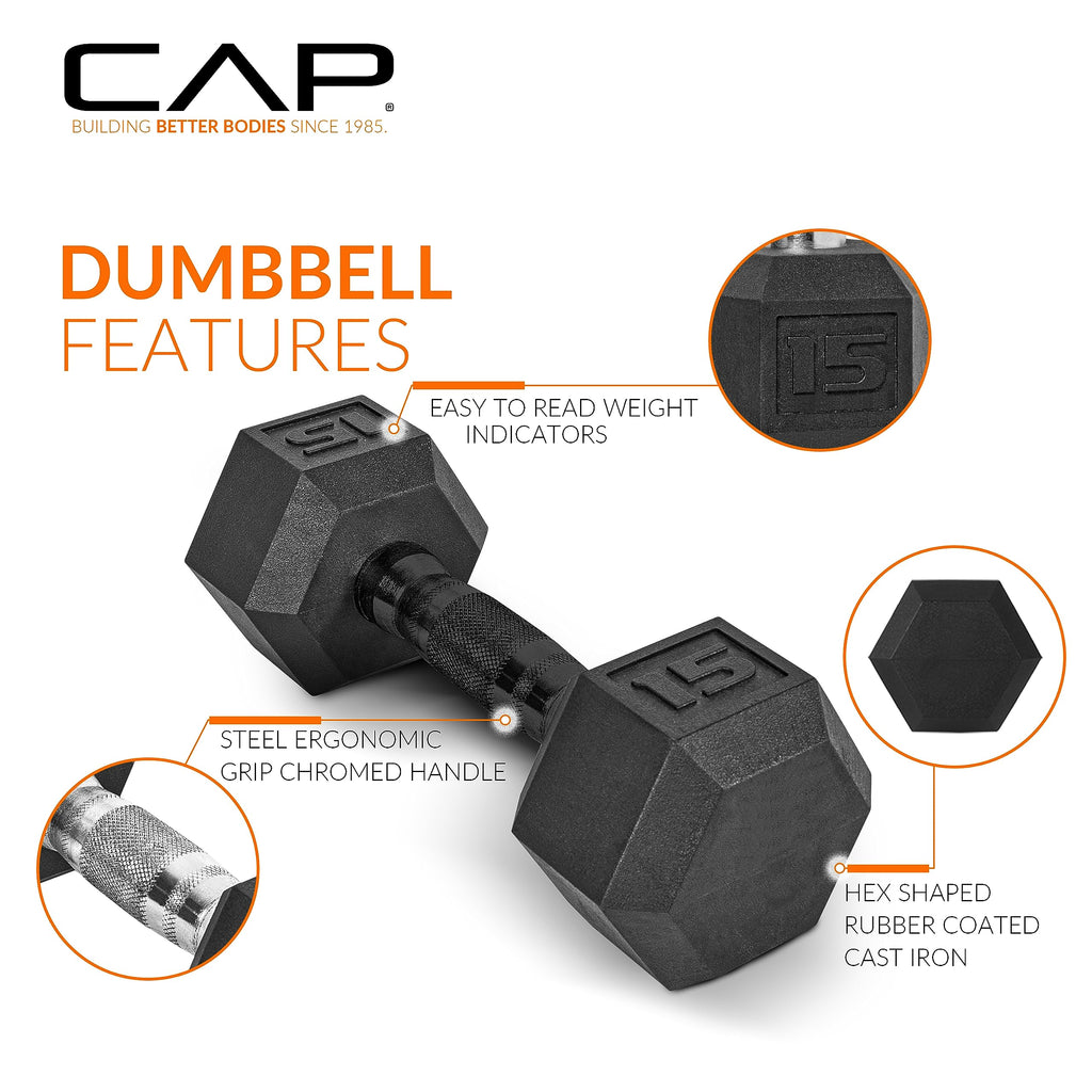 CAP Barbell 150 LB Rubber Coated Hex Dumbbell Hand Weight Set with Vertical Storage Rack | Black Handle