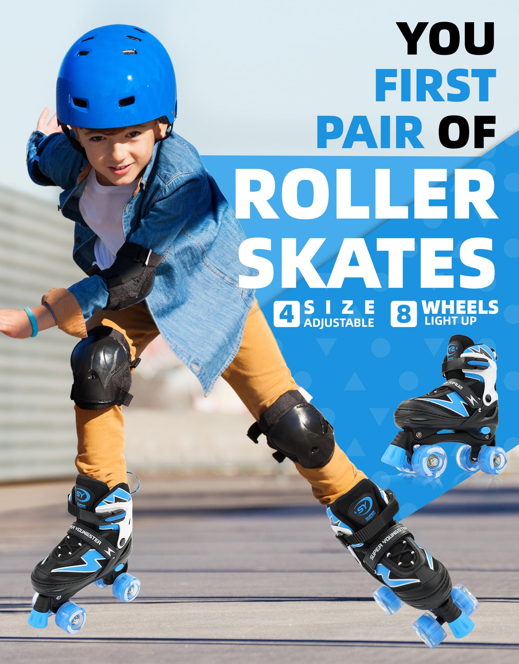 SUPER YOUNGSTER Adjustable Roller Skates Boys Kids Ages 5-8 8-12 Roller Skates Girls with Light up Wheels, Fun Rollerskate for Y