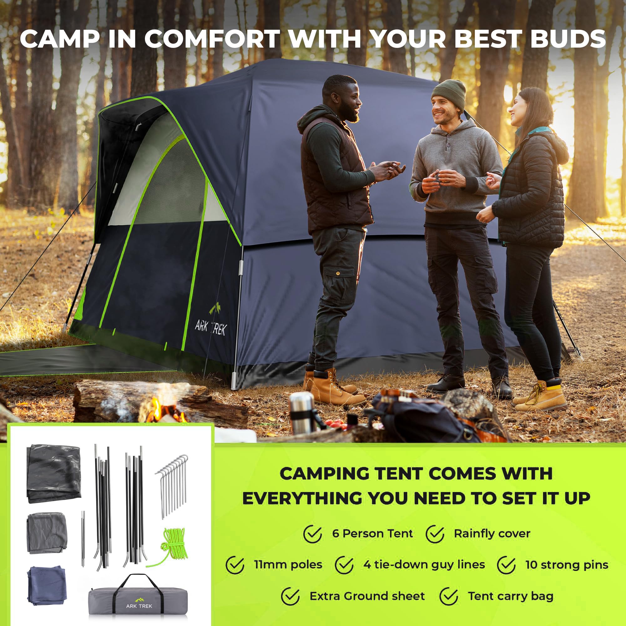 Arktrek 6 Person Tents For Camping-Robust Family Camping Tent Cabin W Ground Sheet, Rainfly Cover, Powerport-Comfy Large Quick,
